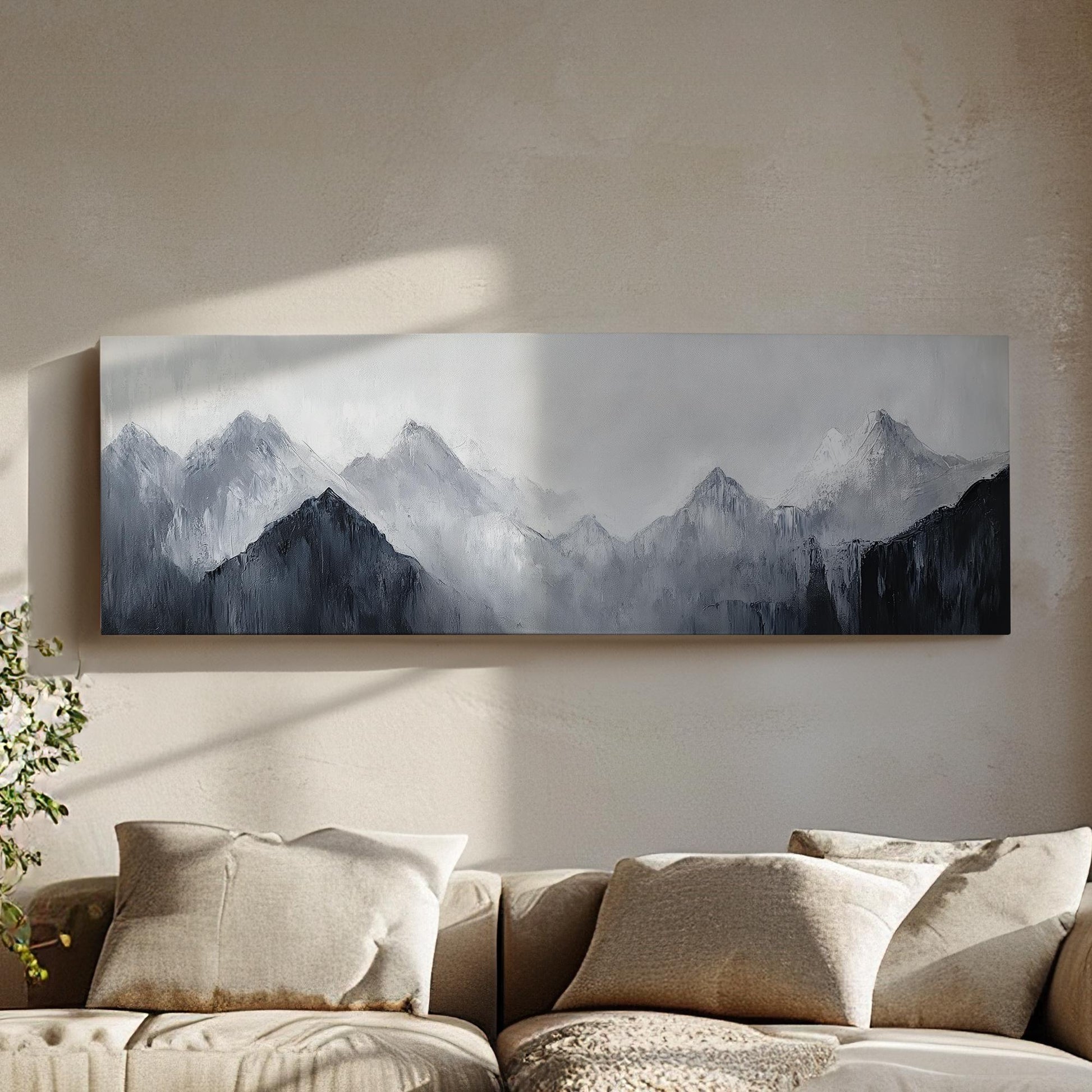 Serene Mountain Range Canvas Art | Impasto Palette Knife Print | Minimalist Wall Art For Living Room Panoramic Wall Art