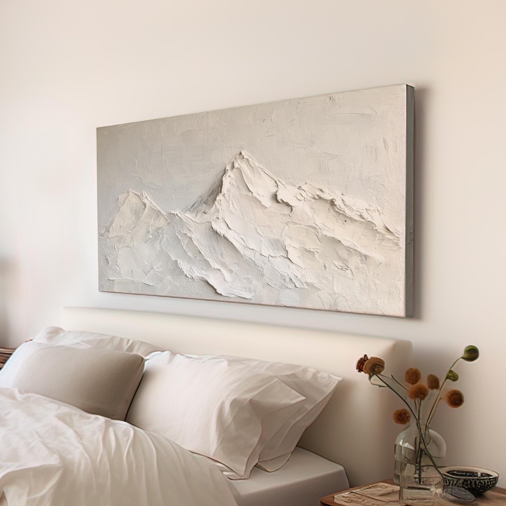 Serene Mountain Range Canvas Art | Impasto Palette Knife Print | Minimalist Wall Art For Living Room Horizontal Art