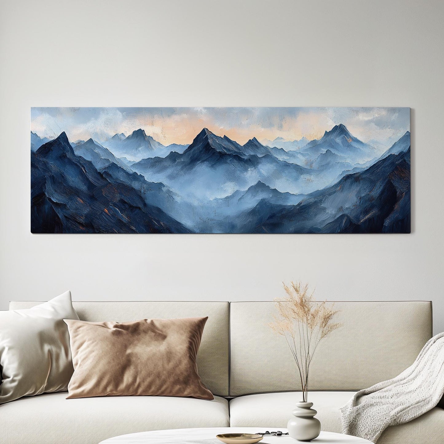 Serene Mountain Range Canvas Art | Impasto Oil Print | Tranquil Maximalist Wall Art For Living Room Panoramic Wall Art