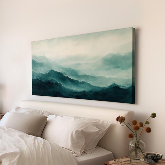 Serene Mountain Range Canvas Art | Impasto Impressionism Print | Tranquil Minimalist Wall Art For Living Room Horizontal Art