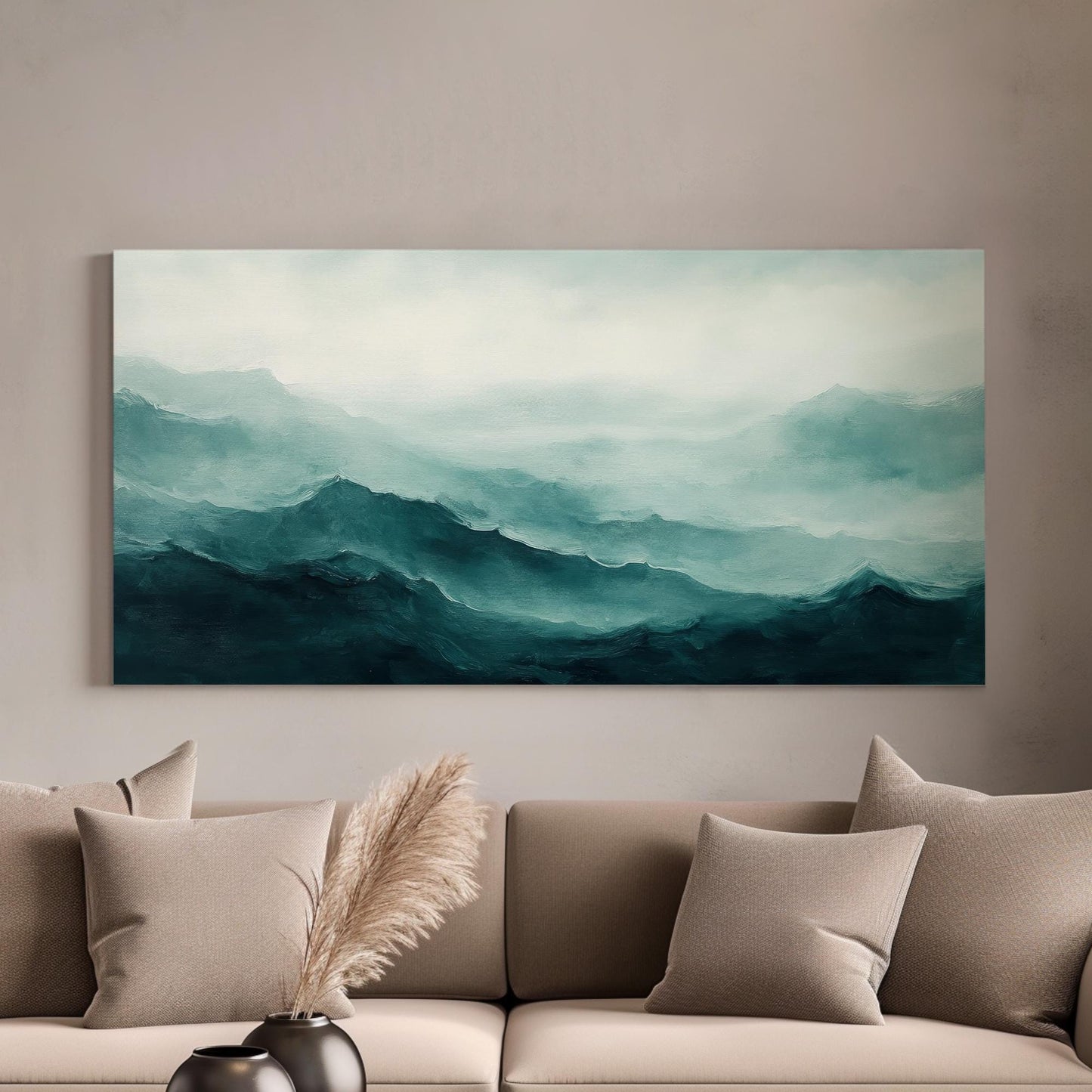 Serene Mountain Range Canvas Art | Impasto Impressionism Print | Tranquil Minimalist Wall Art For Living Room Horizontal Art