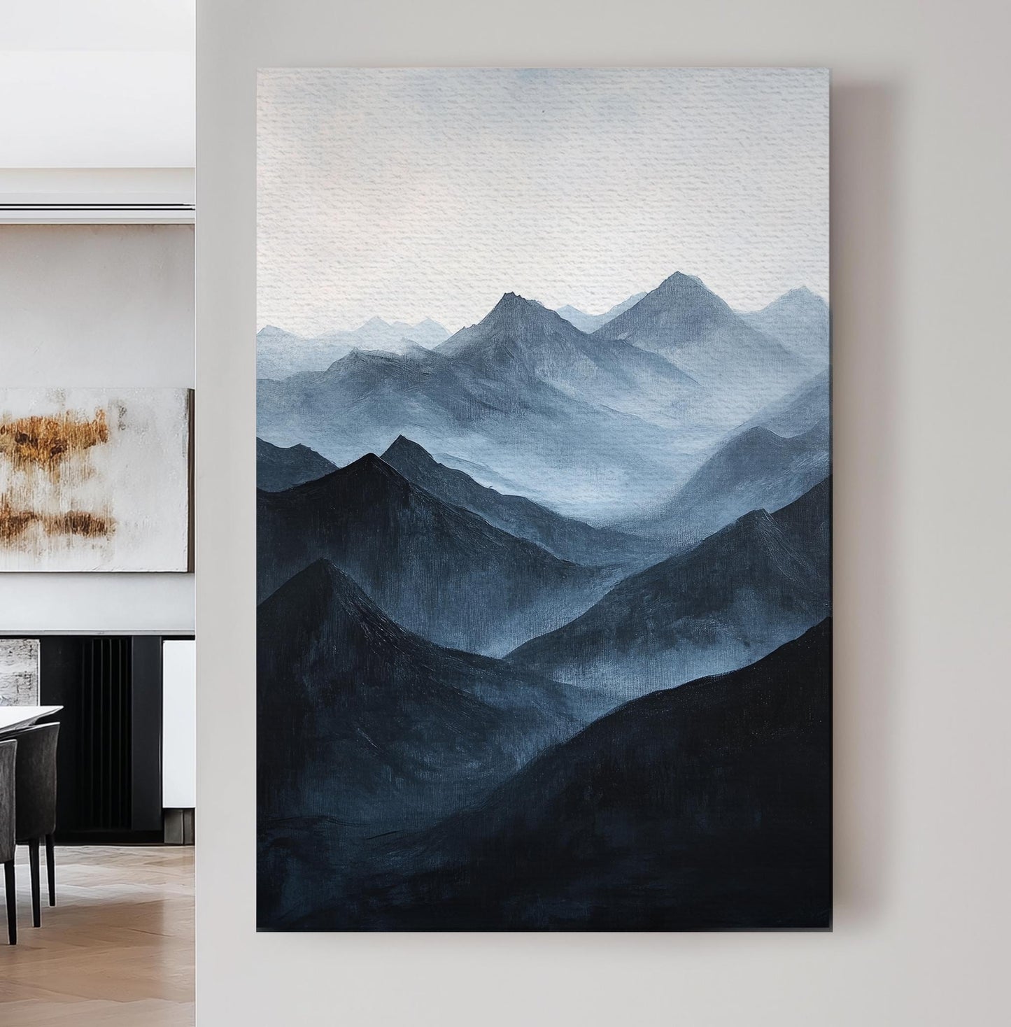 Serene Mountain Range Canvas Art | Impasto Impressionism Print | Juxtaposition Wall Art For Living Room | Twilight Blue Art Vertical Canvas