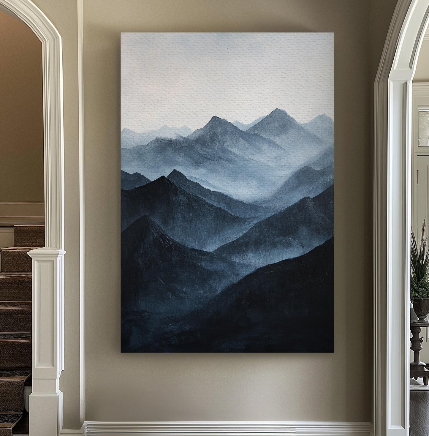 Serene Mountain Range Canvas Art | Impasto Impressionism Print | Juxtaposition Wall Art For Living Room | Twilight Blue Art Vertical Canvas