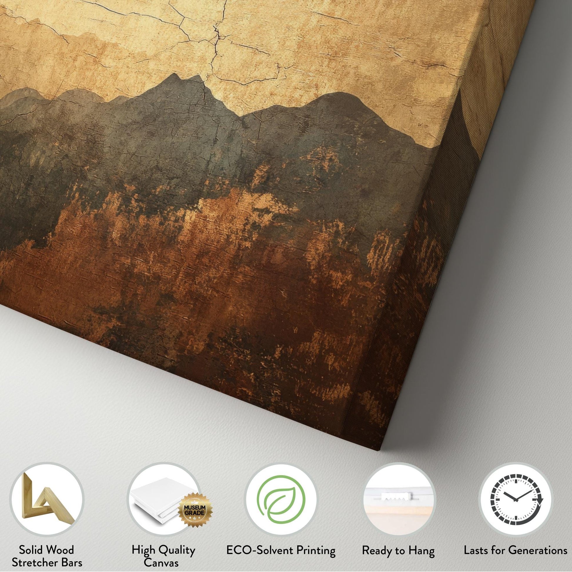 Serene Mountain Range Canvas Art | Distressed Ink Print | Wabi Sabi Wall Art For Living Room | Antique Gold Art Horizontal Art