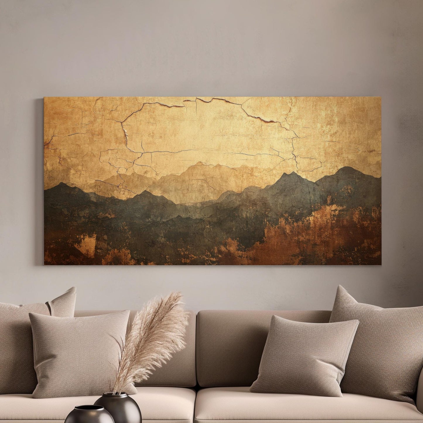Serene Mountain Range Canvas Art | Distressed Ink Print | Wabi Sabi Wall Art For Living Room | Antique Gold Art Horizontal Art