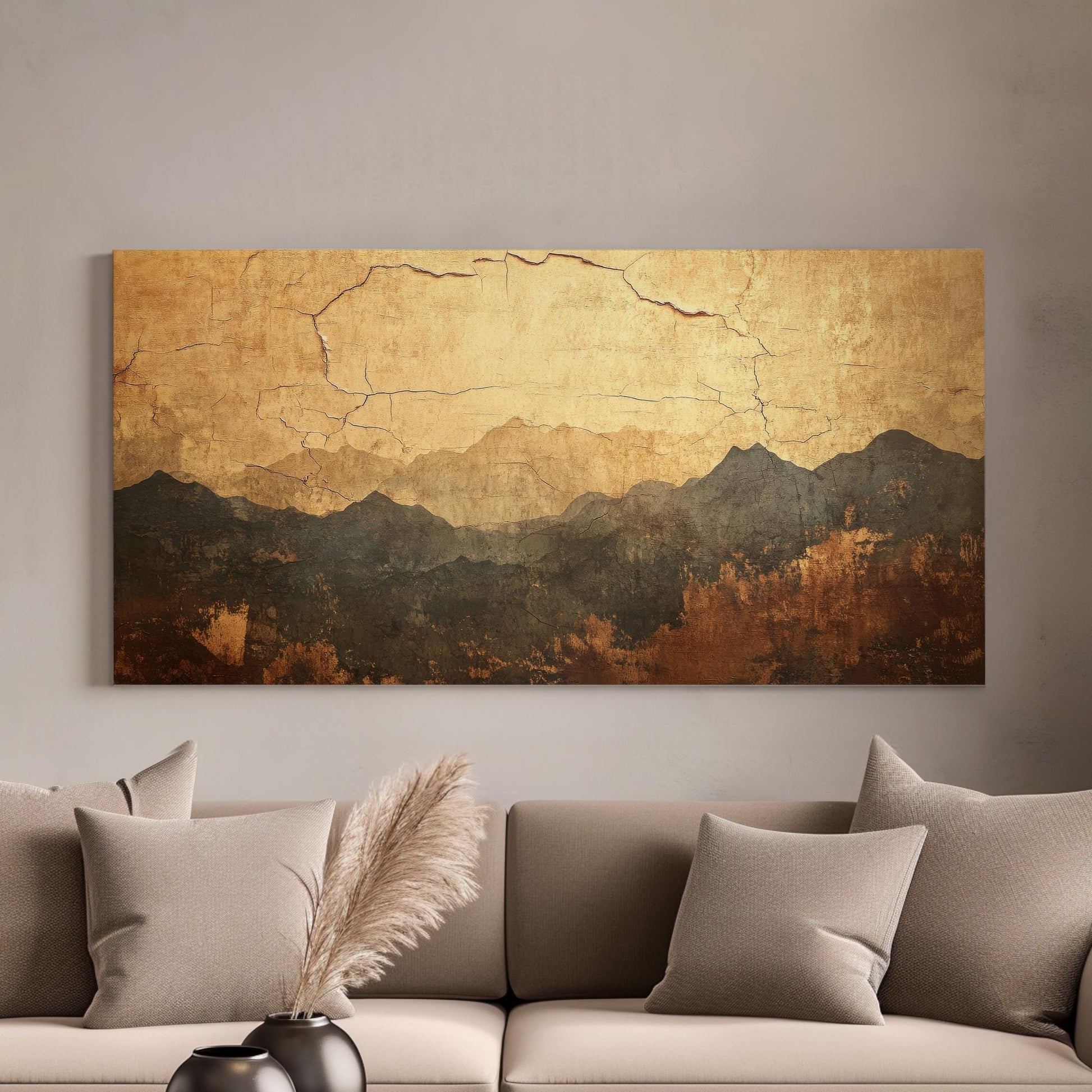 Serene Mountain Range Canvas Art | Distressed Ink Print | Wabi Sabi Wall Art For Living Room | Antique Gold Art Horizontal Art
