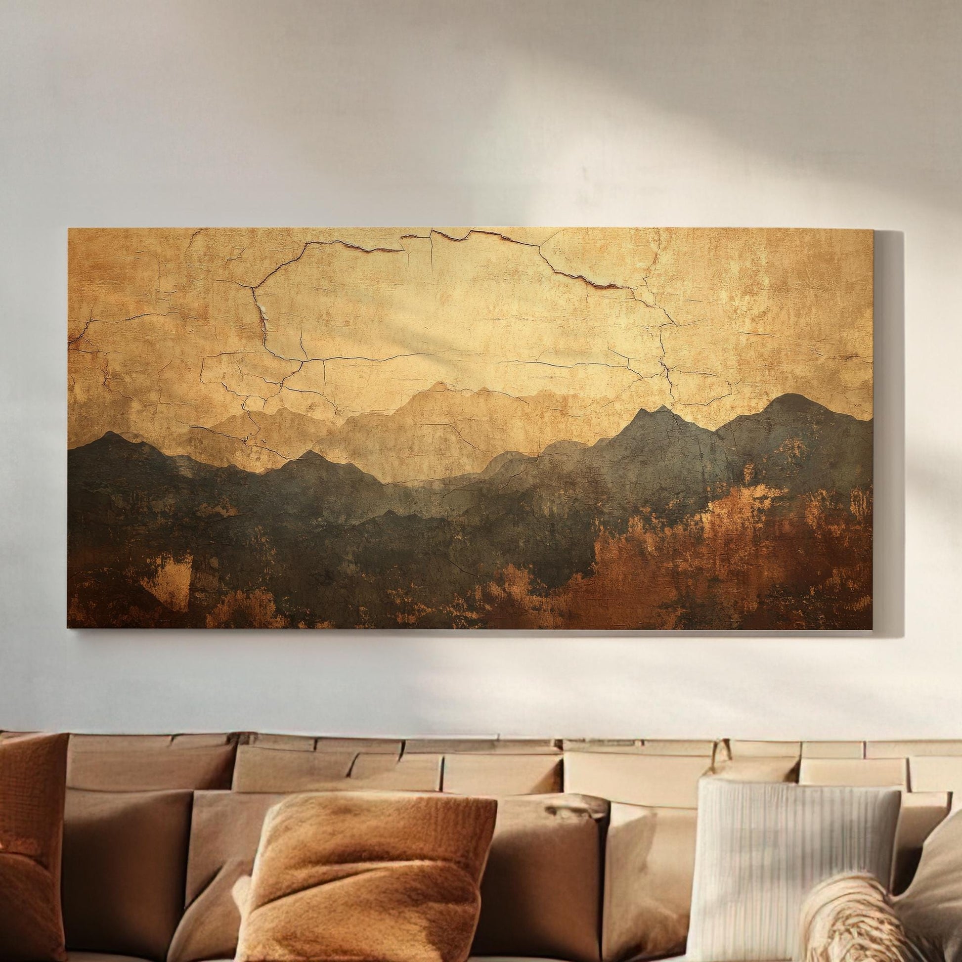 Serene Mountain Range Canvas Art | Distressed Ink Print | Wabi Sabi Wall Art For Living Room | Antique Gold Art Horizontal Art