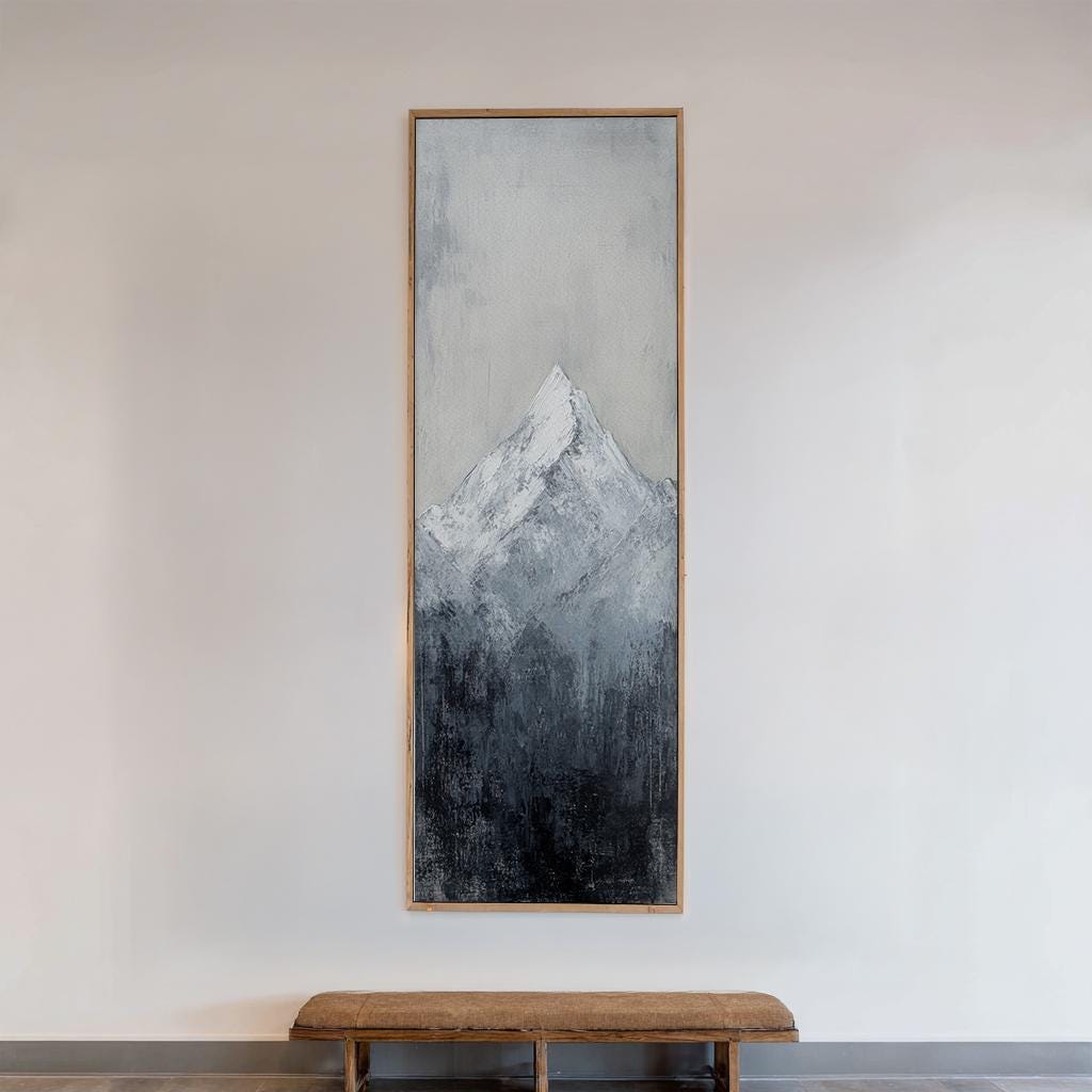 Serene Mountain Peak Canvas Art | Impasto Textured Print | Minimalist Wall Art For Living Room Long Vertical Art