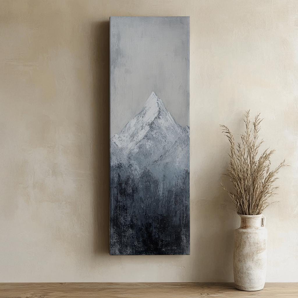 Serene Mountain Peak Canvas Art | Impasto Textured Print | Minimalist Wall Art For Living Room Long Vertical Art