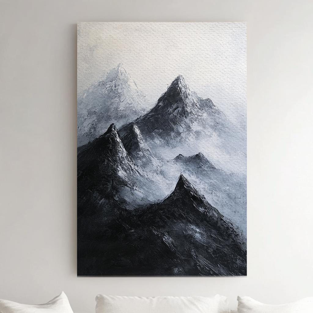 Serene Mountain Peak Canvas Art | Impasto Palette Knife Print | Juxtaposition Wall Art For Living Room Vertical Canvas