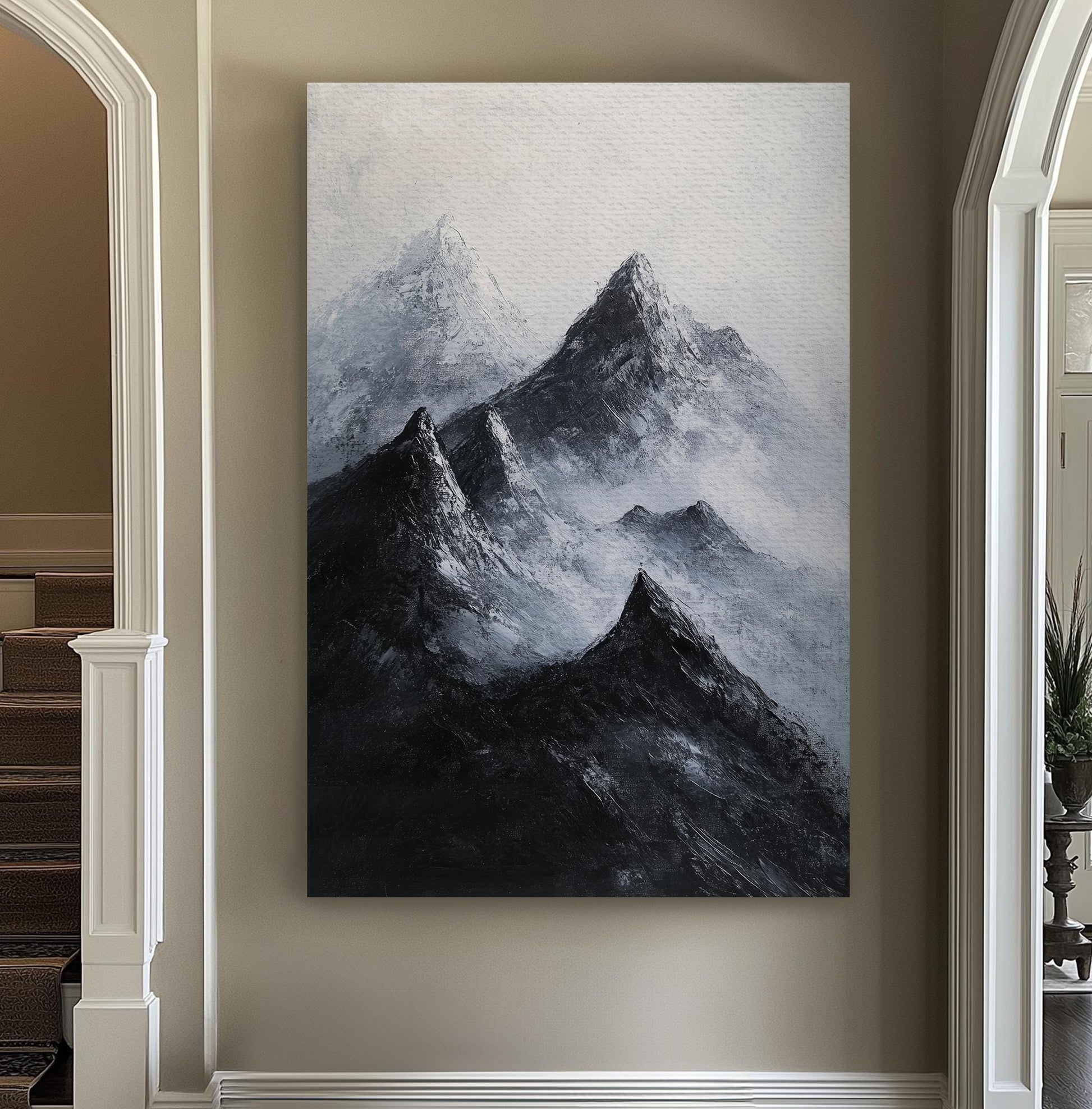 Serene Mountain Peak Canvas Art | Impasto Palette Knife Print | Juxtaposition Wall Art For Living Room Vertical Canvas