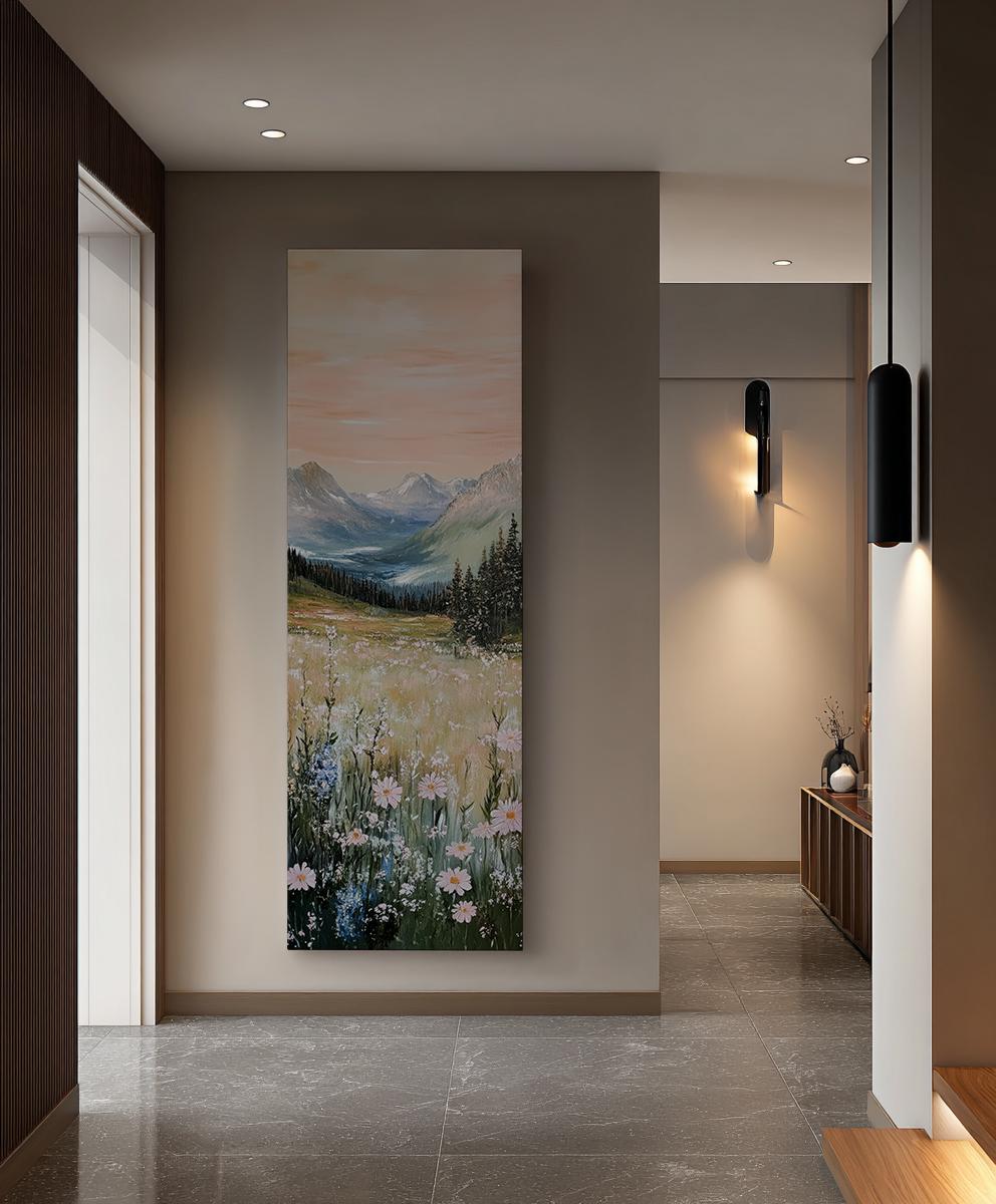 Serene Mountain Meadow Canvas Art | Impasto Impressionism Print | Biophilic Wall Art For Living Room Long Vertical Art