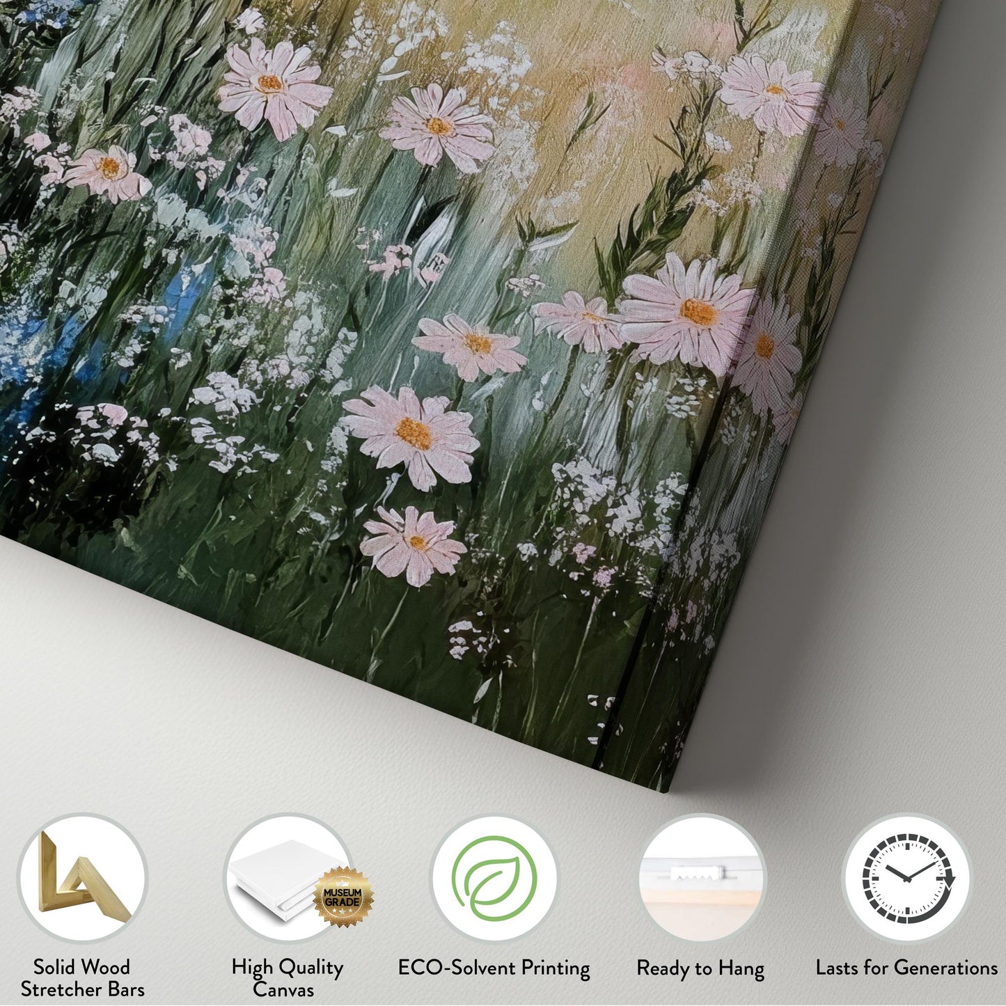 Serene Mountain Meadow Canvas Art | Impasto Impressionism Print | Biophilic Wall Art For Living Room Long Vertical Art