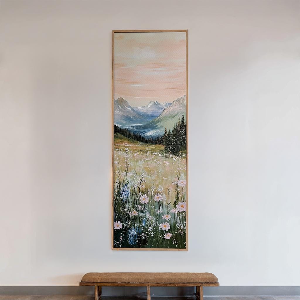 Serene Mountain Meadow Canvas Art | Impasto Impressionism Print | Biophilic Wall Art For Living Room Long Vertical Art