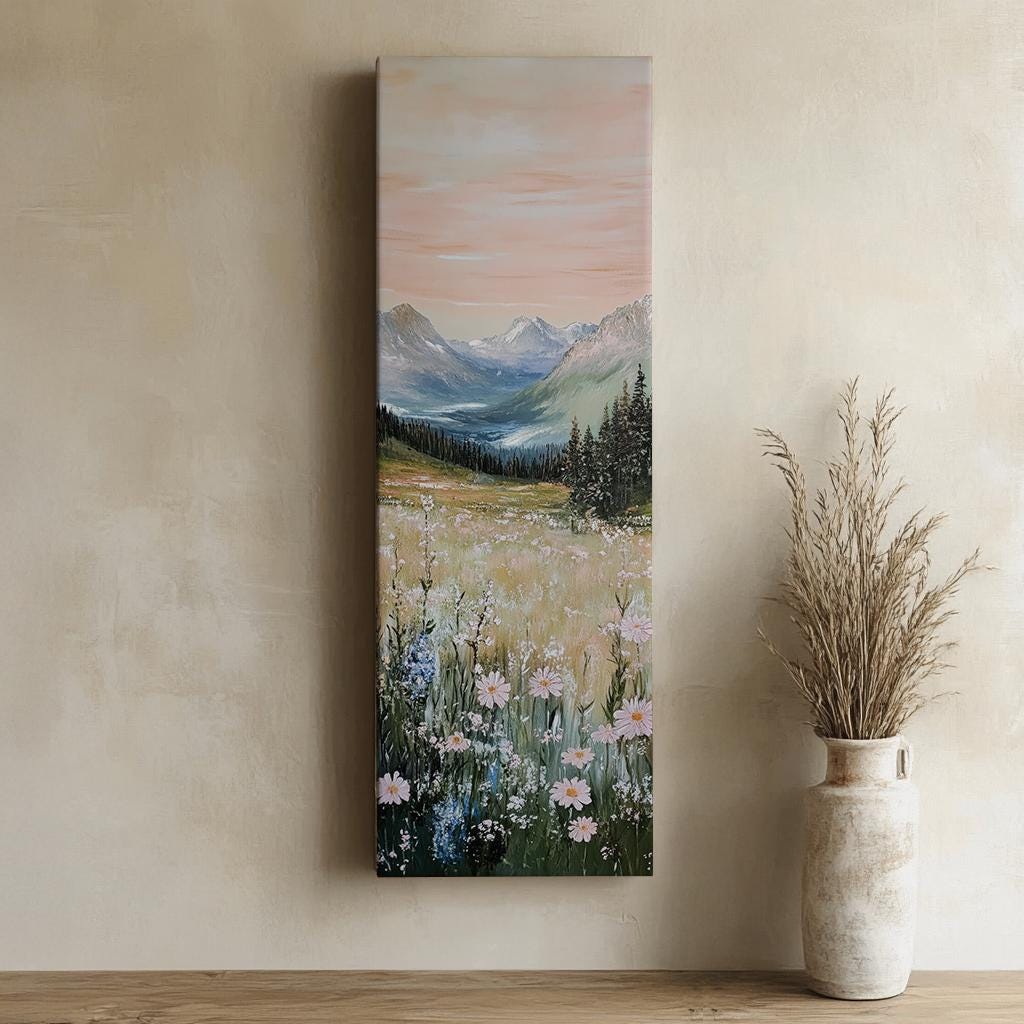 Serene Mountain Meadow Canvas Art | Impasto Impressionism Print | Biophilic Wall Art For Living Room Long Vertical Art
