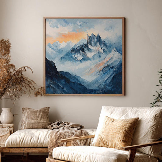 Serene Mountain Majesty Canvas Art | Impasto Palette Knife Print | Minimalist Wall Art For Living Room Square Canvas Art