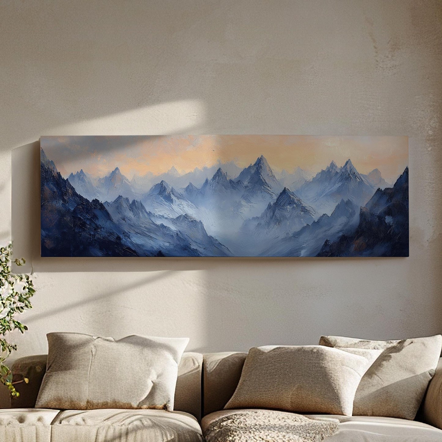 Serene Mountain Majesty Canvas Art | Impasto Impressionism Print | Japandi Wall Art For Living Room Panoramic Wall Art