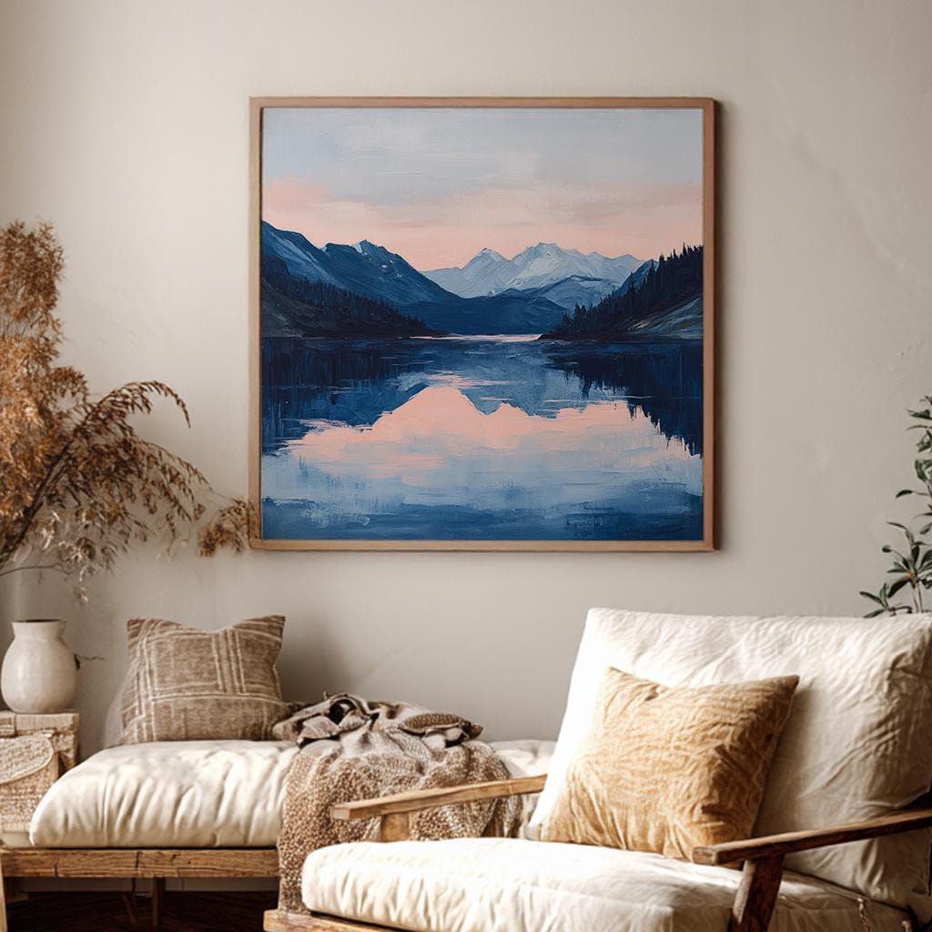 Serene Mountain Lake Canvas Art | Impasto Print | Tranquil Coastal Wall Art For Living Room Square Canvas Art