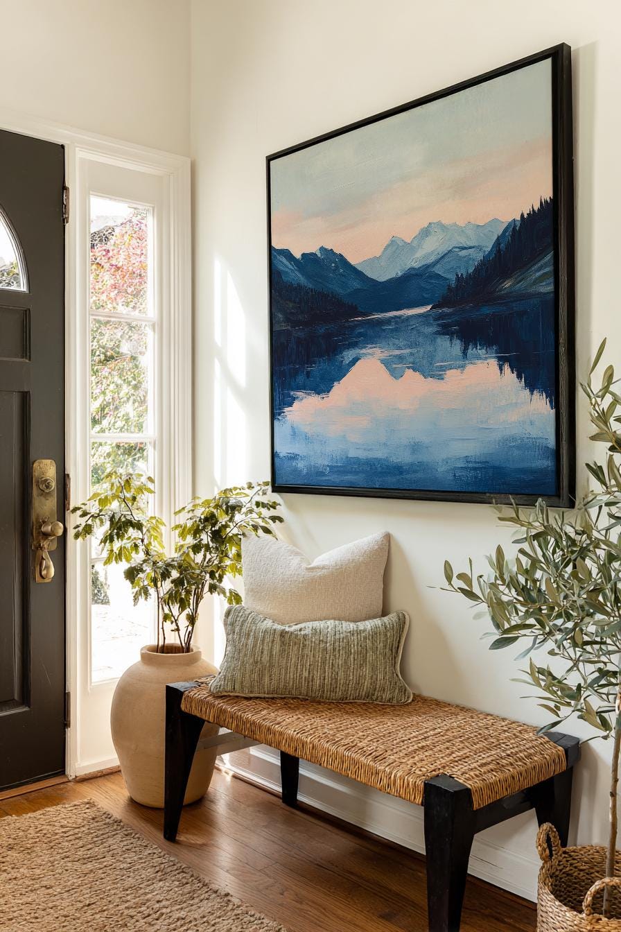 Serene Mountain Lake Canvas Art | Impasto Print | Tranquil Coastal Wall Art For Living Room Square Canvas Art