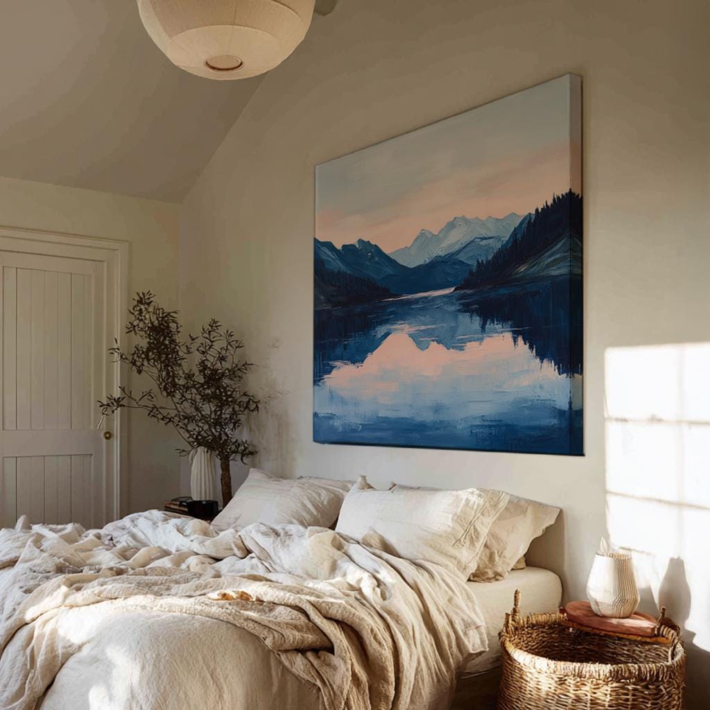 Serene Mountain Lake Canvas Art | Impasto Print | Tranquil Coastal Wall Art For Living Room Square Canvas Art