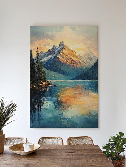 Serene Mountain Lake Canvas Art | Impasto Palette Knife Print | Tranquil Maximalist Wall Art For Living Room Vertical Canvas
