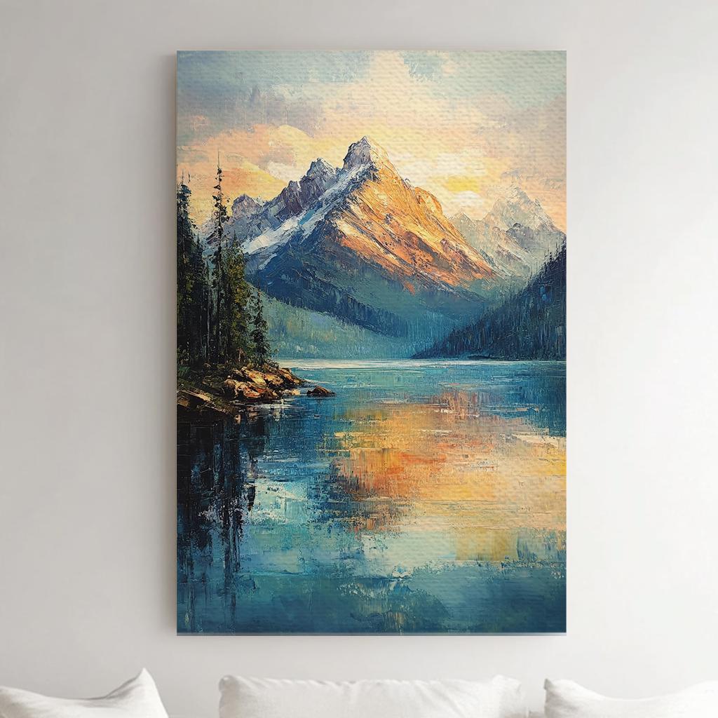 Serene Mountain Lake Canvas Art | Impasto Palette Knife Print | Tranquil Maximalist Wall Art For Living Room Vertical Canvas