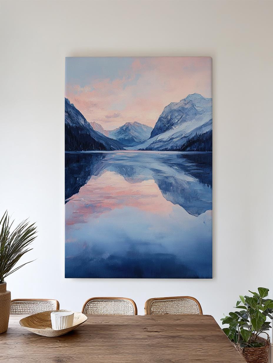 Serene Mountain Lake Canvas Art | Impasto Impressionism Print | Tranquil Minimalist Wall Art For Living Room Vertical Canvas