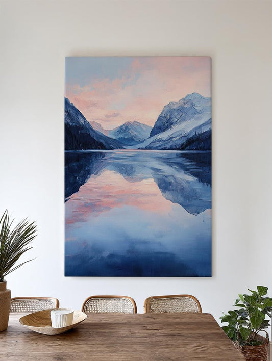 Serene Mountain Lake Canvas Art | Impasto Impressionism Print | Tranquil Minimalist Wall Art For Living Room Vertical Canvas