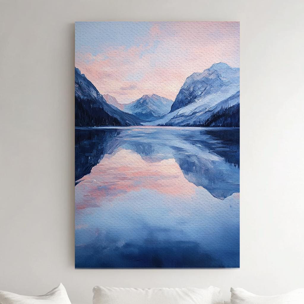 Serene Mountain Lake Canvas Art | Impasto Impressionism Print | Tranquil Minimalist Wall Art For Living Room Vertical Canvas