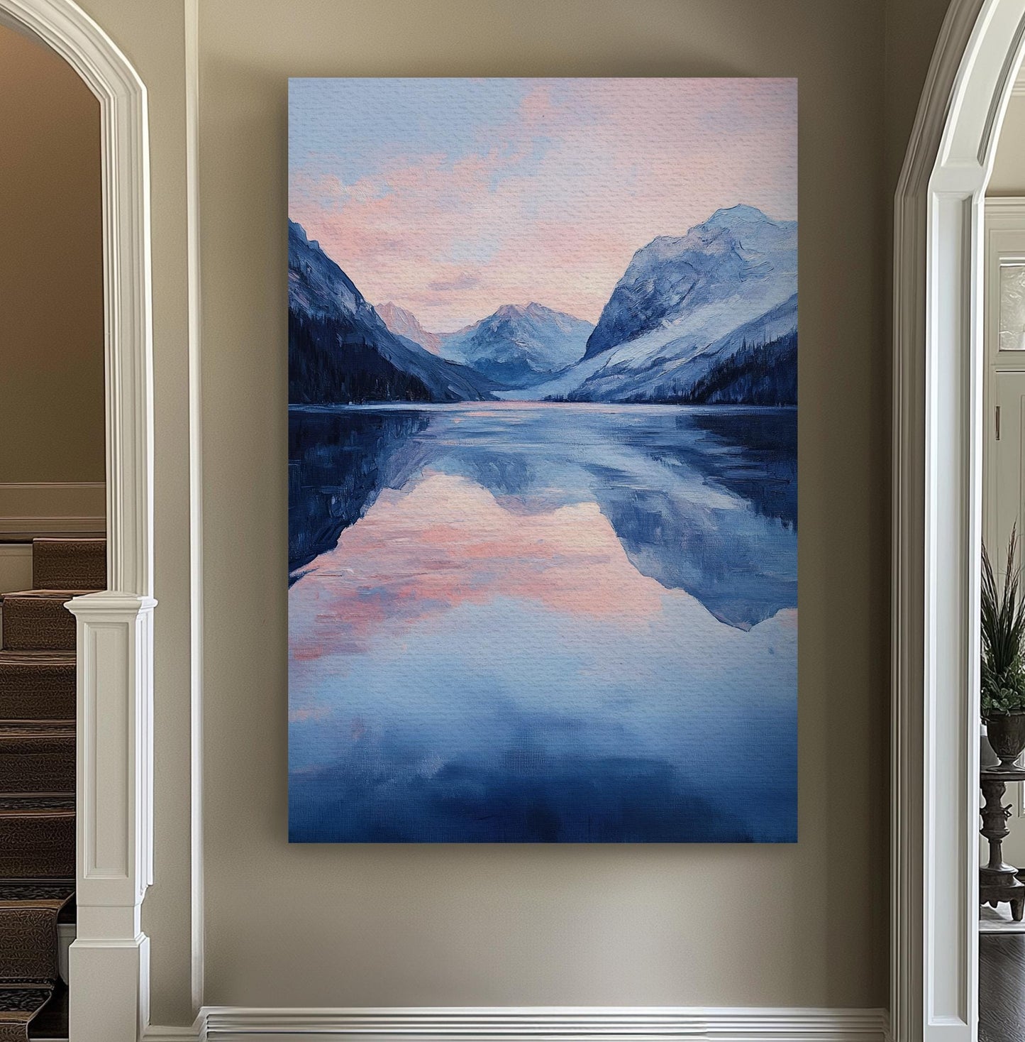 Serene Mountain Lake Canvas Art | Impasto Impressionism Print | Tranquil Minimalist Wall Art For Living Room Vertical Canvas