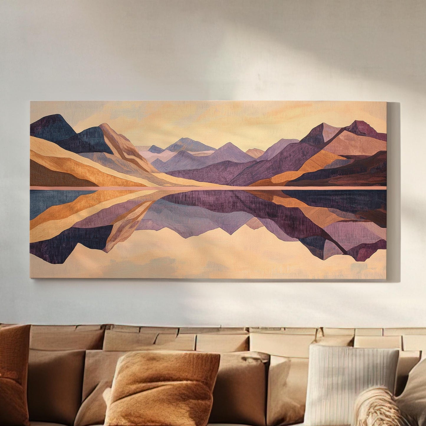 Serene Mountain Lake Canvas Art | Geometric Abstract Print | Minimalist Wall Art For Living Room Horizontal Art
