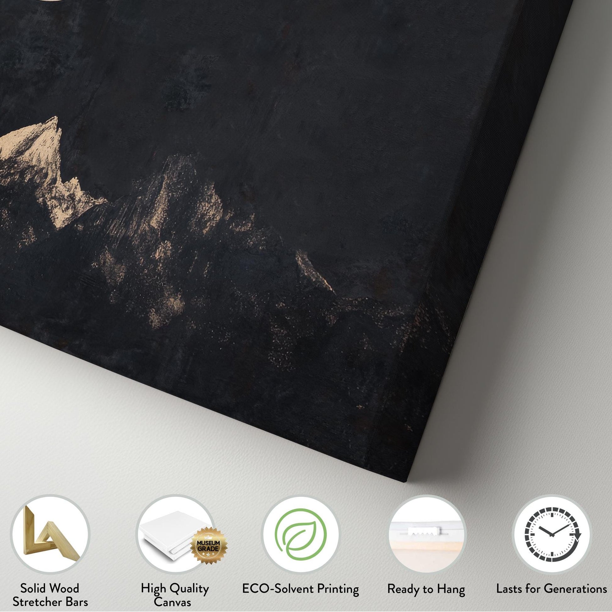 Serene Moonlit Peaks Canvas Art | Scratchboard Print | Bohemian Wall Art For Living Room | Charcoal Champagne Art | Zen Decor Horizontal Art