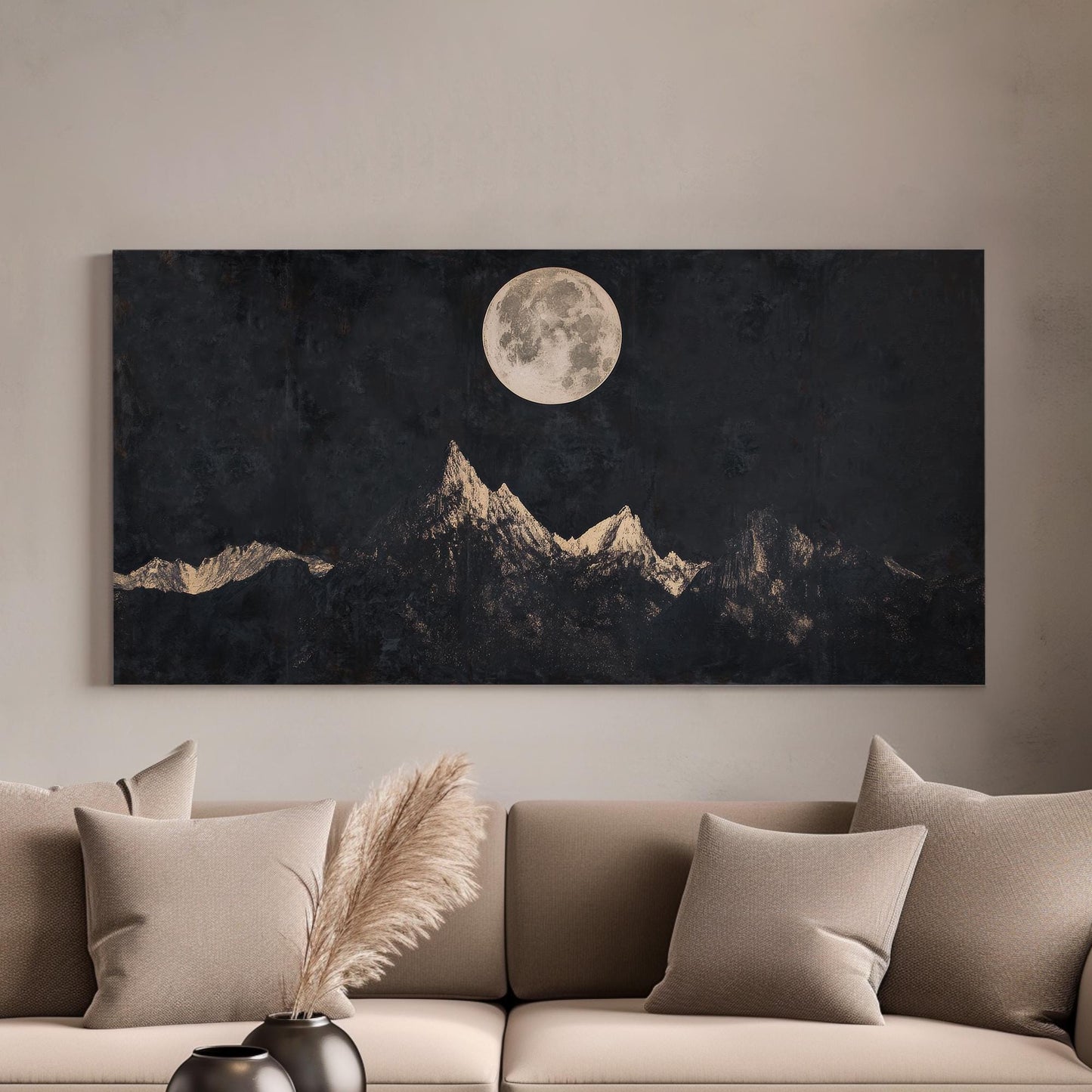 Serene Moonlit Peaks Canvas Art | Scratchboard Print | Bohemian Wall Art For Living Room | Charcoal Champagne Art | Zen Decor Horizontal Art