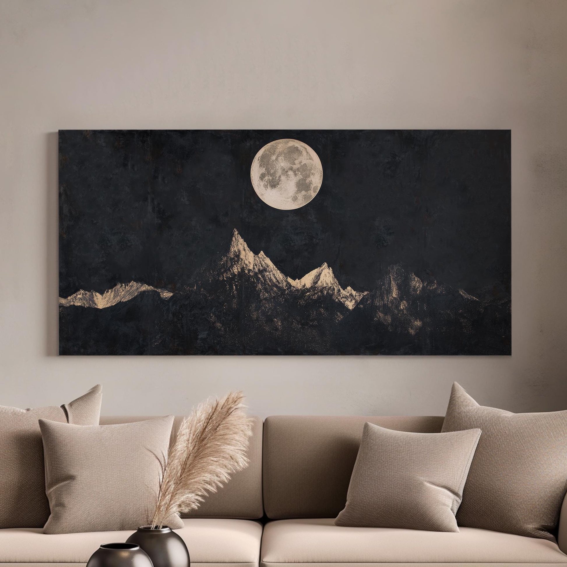 Serene Moonlit Peaks Canvas Art | Scratchboard Print | Bohemian Wall Art For Living Room | Charcoal Champagne Art | Zen Decor Horizontal Art