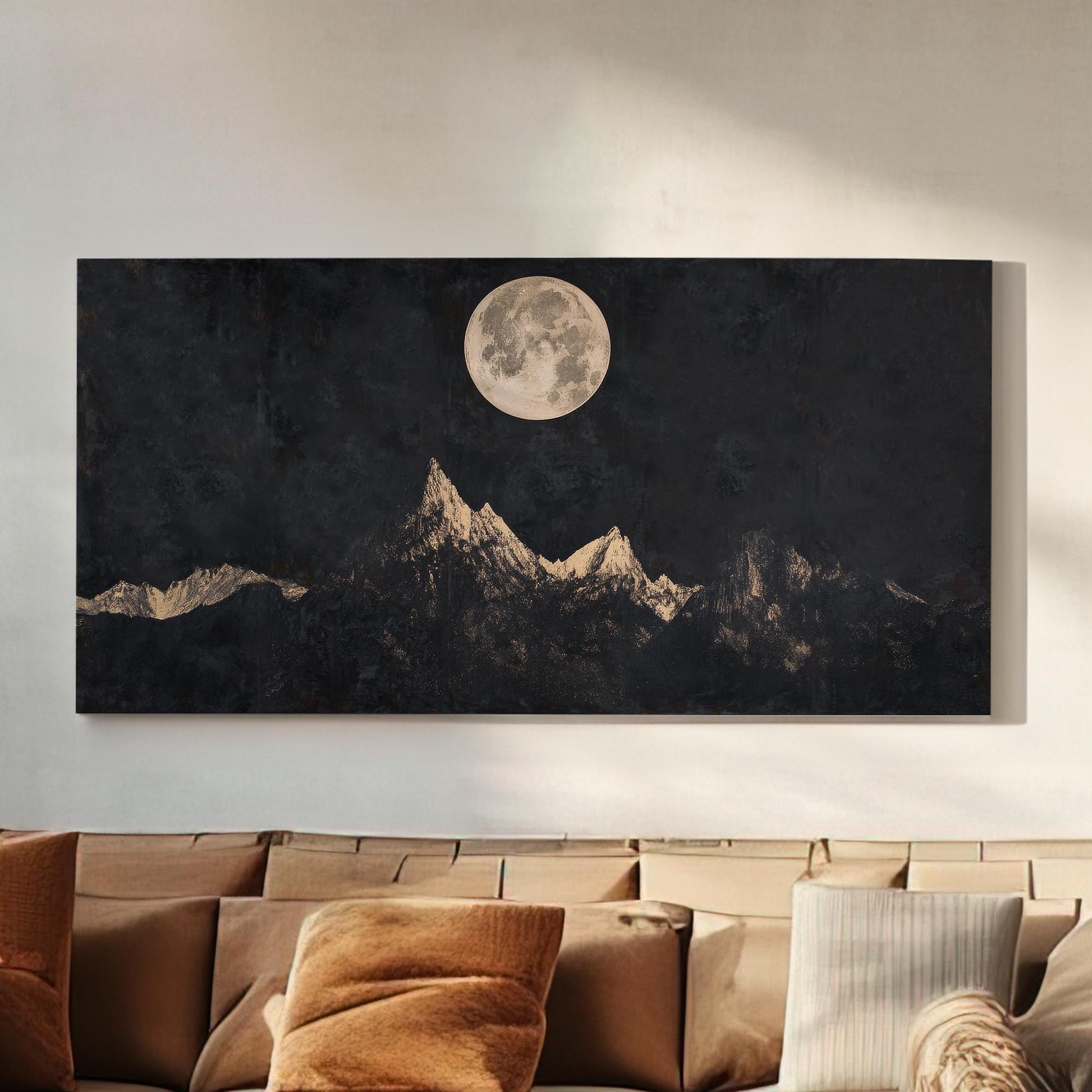 Serene Moonlit Peaks Canvas Art | Scratchboard Print | Bohemian Wall Art For Living Room | Charcoal Champagne Art | Zen Decor Horizontal Art