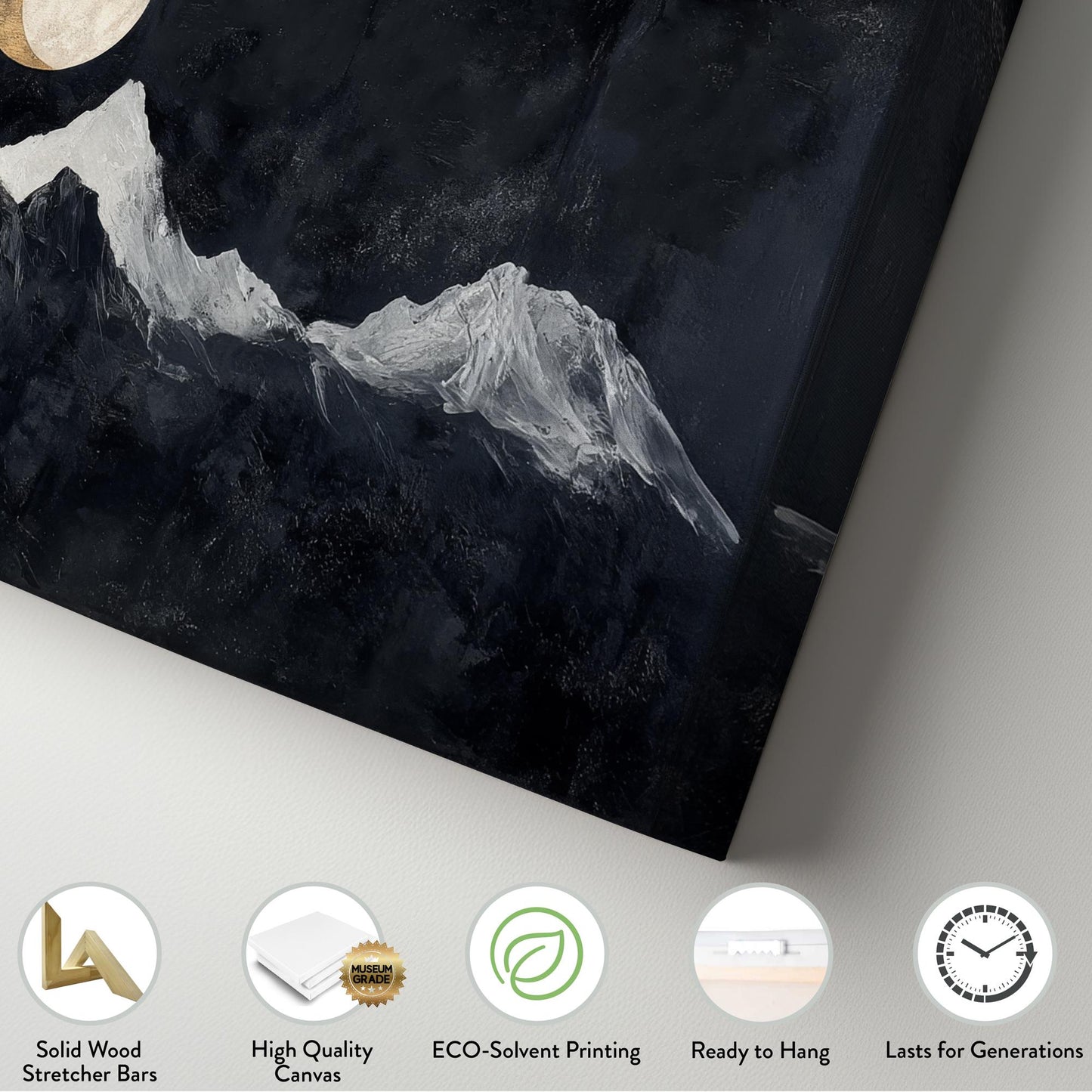 Serene Moonlit Peaks Canvas Art | Impasto Print | Minimalist Wall Art For Living Room | Charcoal And Oyster Art Horizontal Art