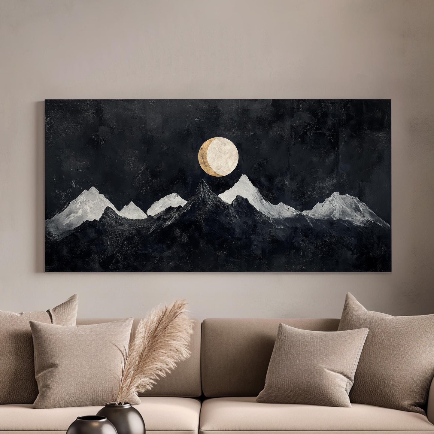 Serene Moonlit Peaks Canvas Art | Impasto Print | Minimalist Wall Art For Living Room | Charcoal And Oyster Art Horizontal Art