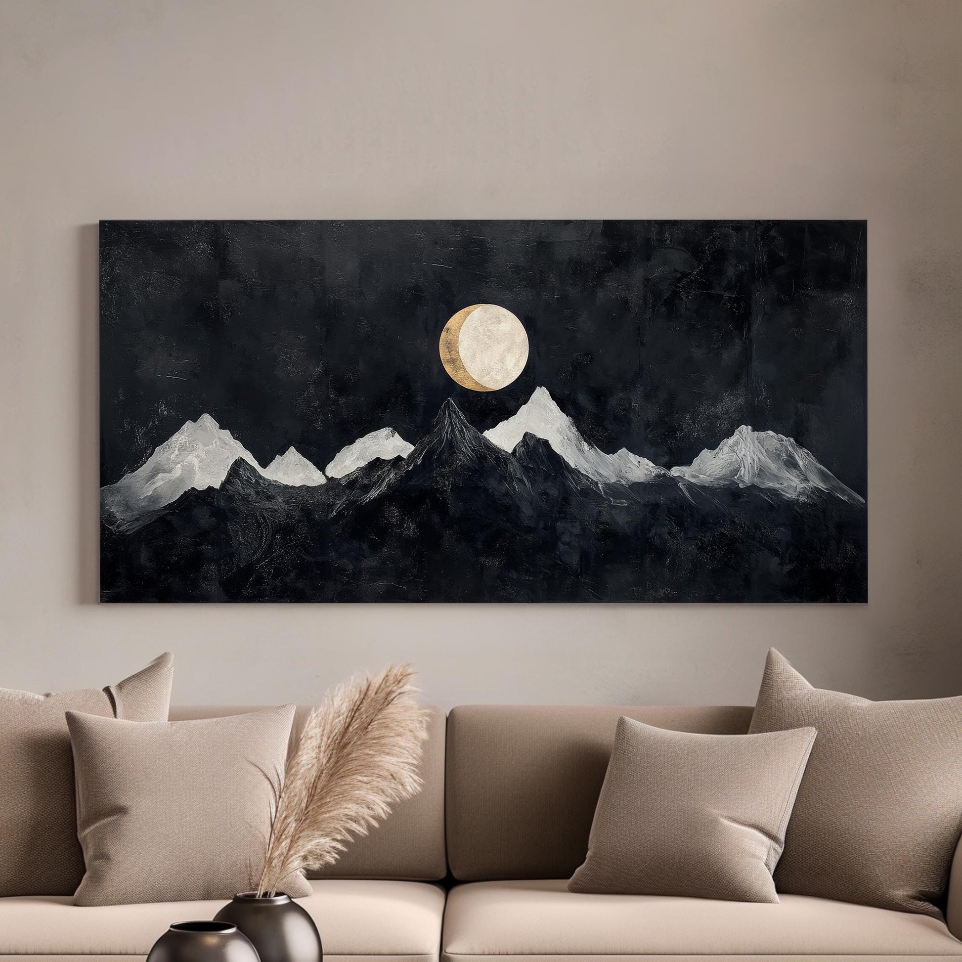 Serene Moonlit Peaks Canvas Art | Impasto Print | Minimalist Wall Art For Living Room | Charcoal And Oyster Art Horizontal Art