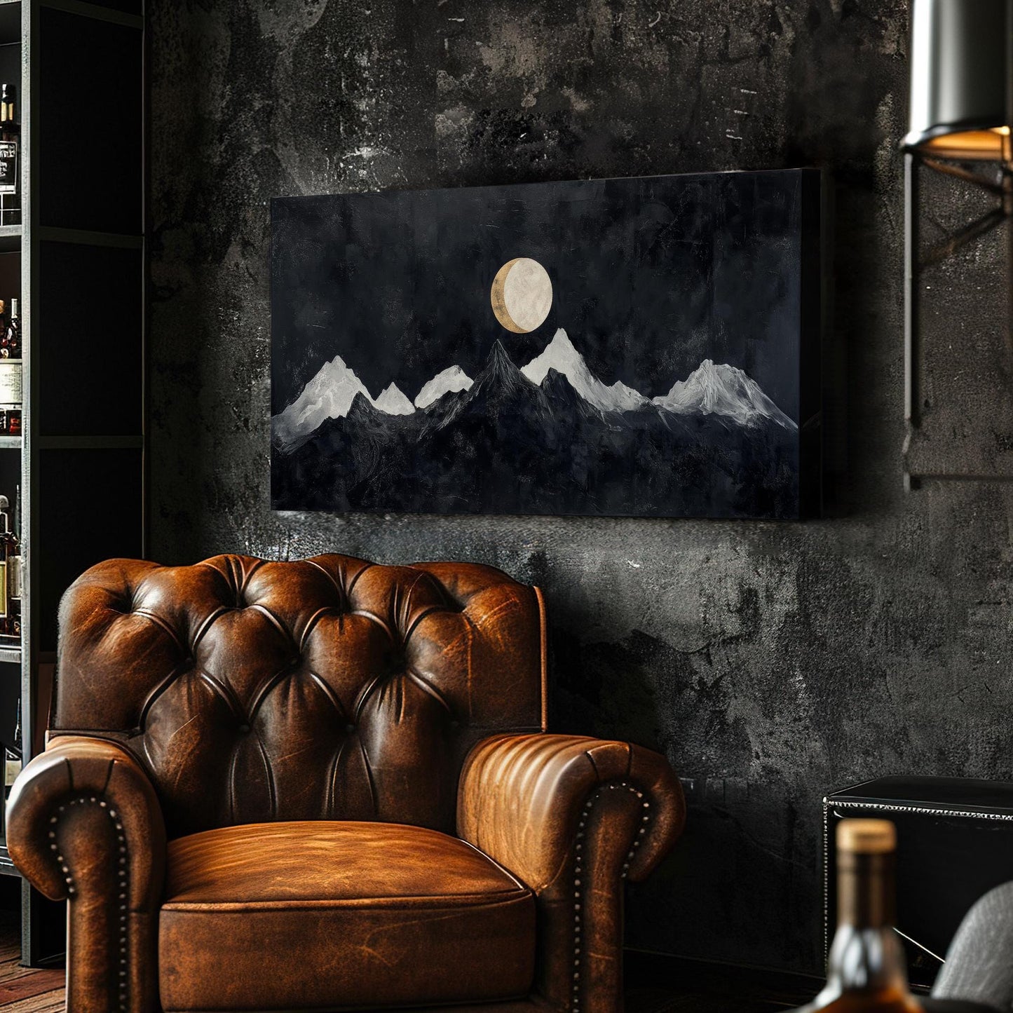 Serene Moonlit Peaks Canvas Art | Impasto Print | Minimalist Wall Art For Living Room | Charcoal And Oyster Art Horizontal Art