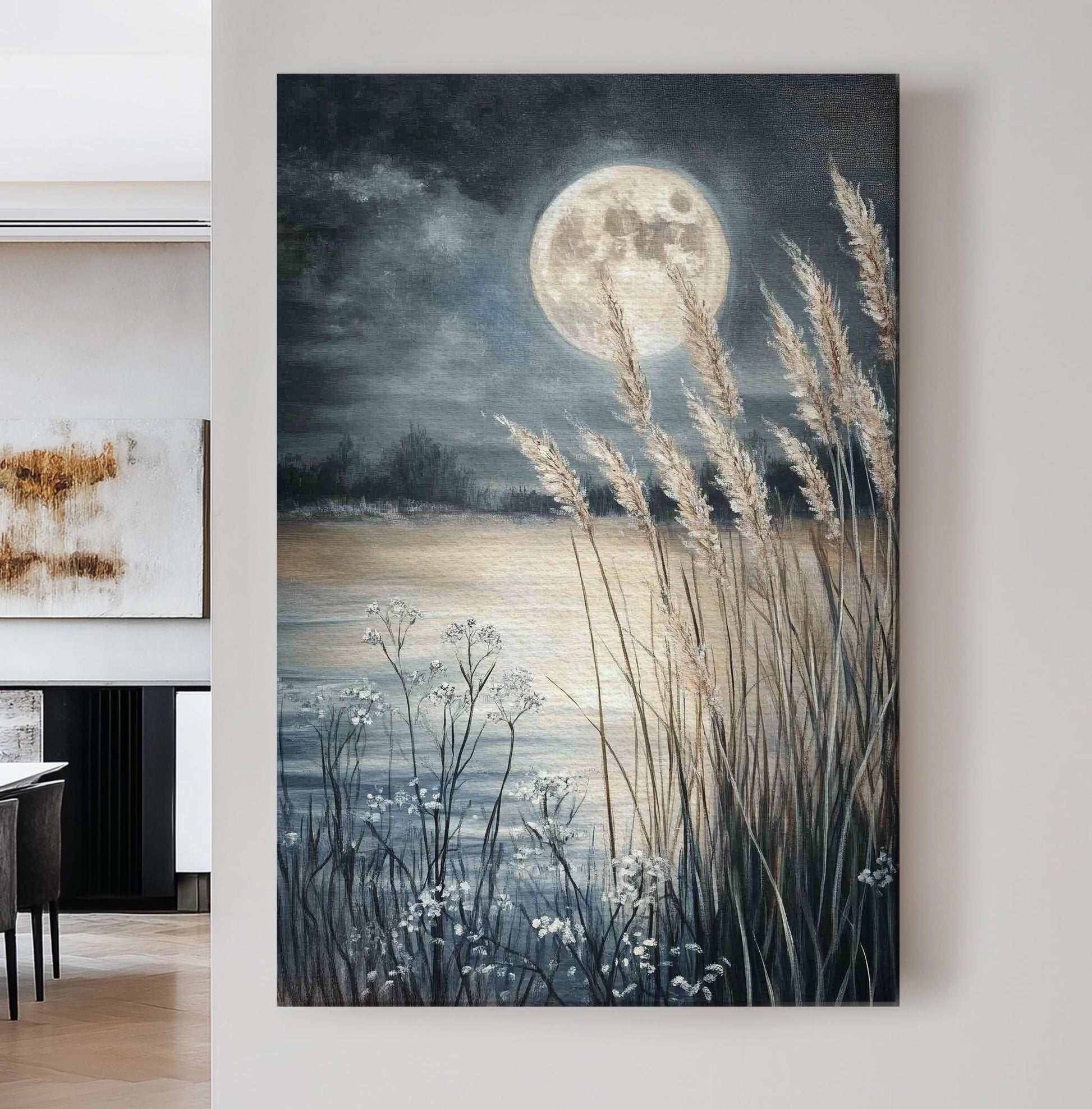 Serene Moonlit Pampas Grass Canvas Art | Impasto Textural Print | Tranquil Coastal Wall Art For Bedroom Vertical Canvas
