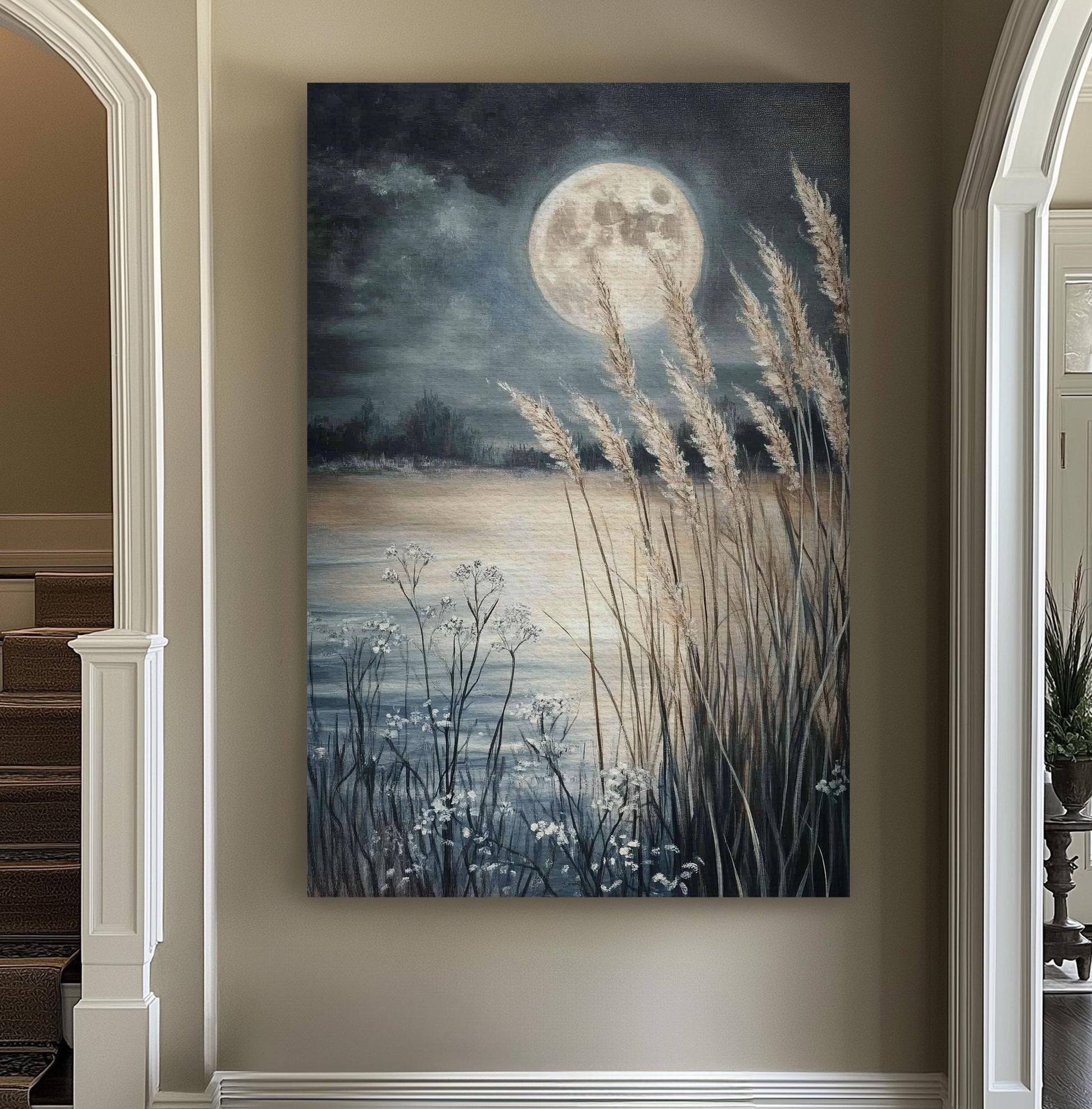 Serene Moonlit Pampas Grass Canvas Art | Impasto Textural Print | Tranquil Coastal Wall Art For Bedroom Vertical Canvas