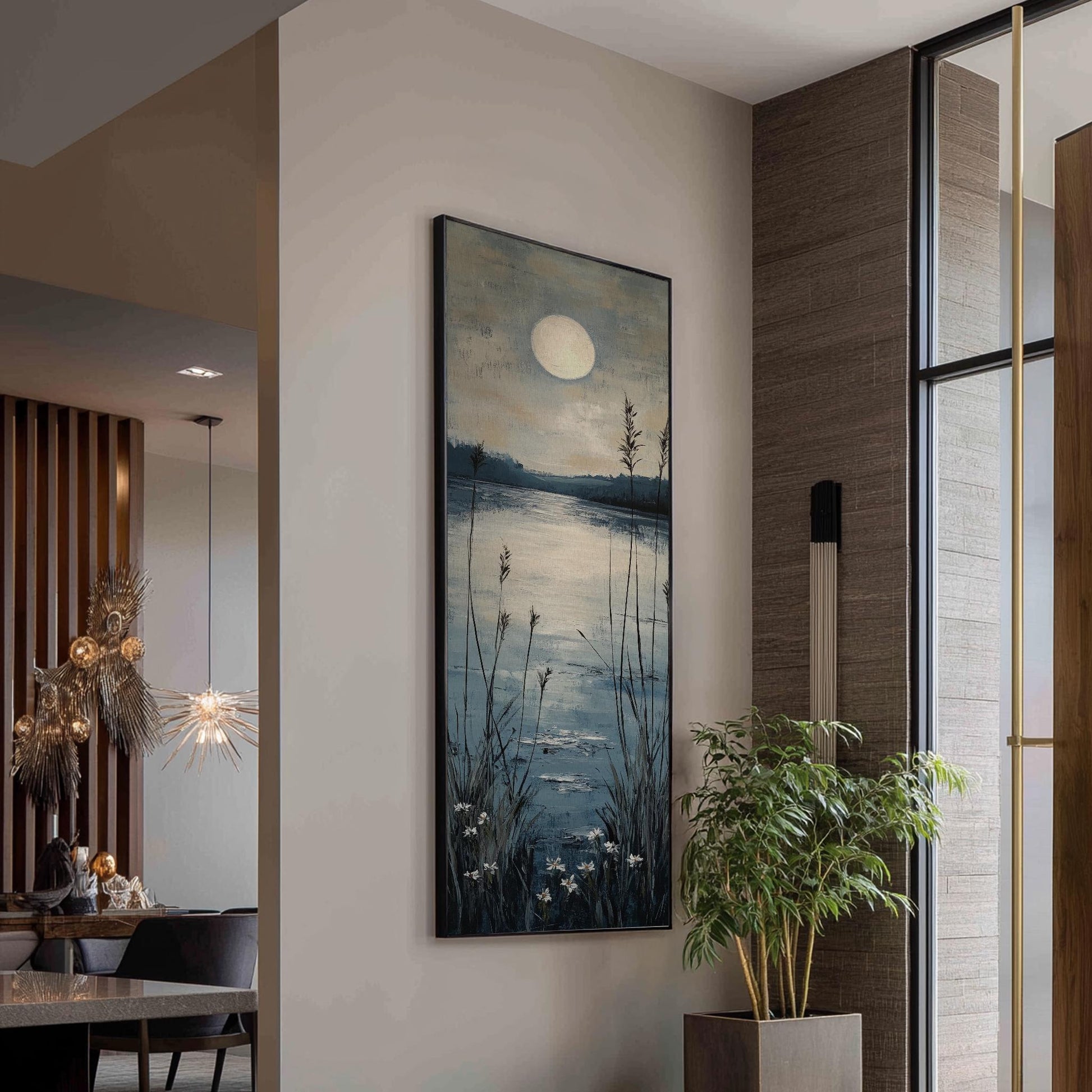 Serene Moonlit Marsh Canvas Art | Impasto Textural Print | Tranquil Coastal Wall Art For Bedroom | Silver Linen Washed Art Long Vertical Art