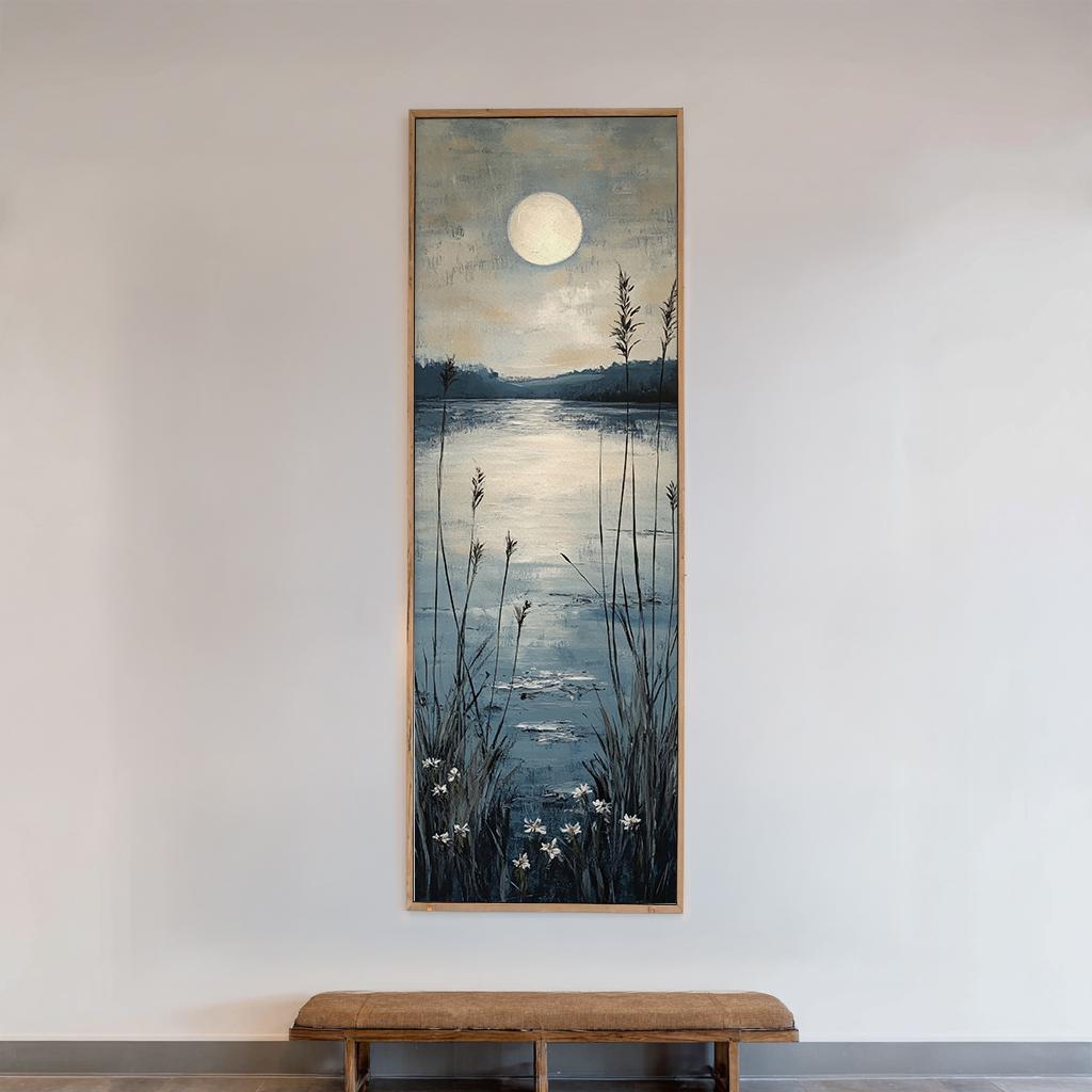 Serene Moonlit Marsh Canvas Art | Impasto Textural Print | Tranquil Coastal Wall Art For Bedroom | Silver Linen Washed Art Long Vertical Art