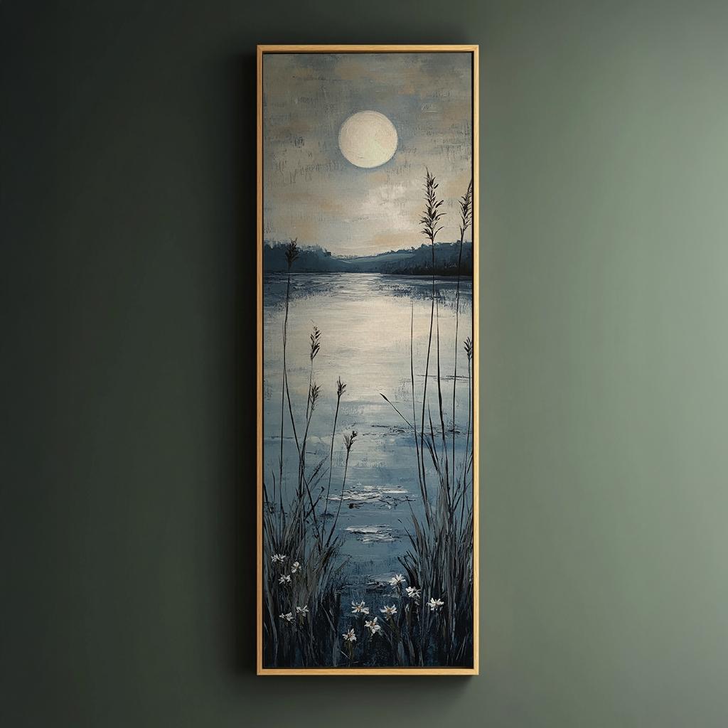 Serene Moonlit Marsh Canvas Art | Impasto Textural Print | Tranquil Coastal Wall Art For Bedroom | Silver Linen Washed Art Long Vertical Art