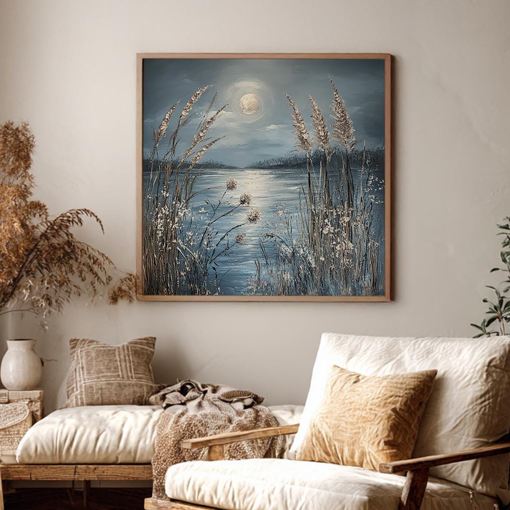 Serene Moonlit Lake Canvas Art | Impasto Textured Print | Tranquil Coastal Wall Art For Living Room Square Canvas Art