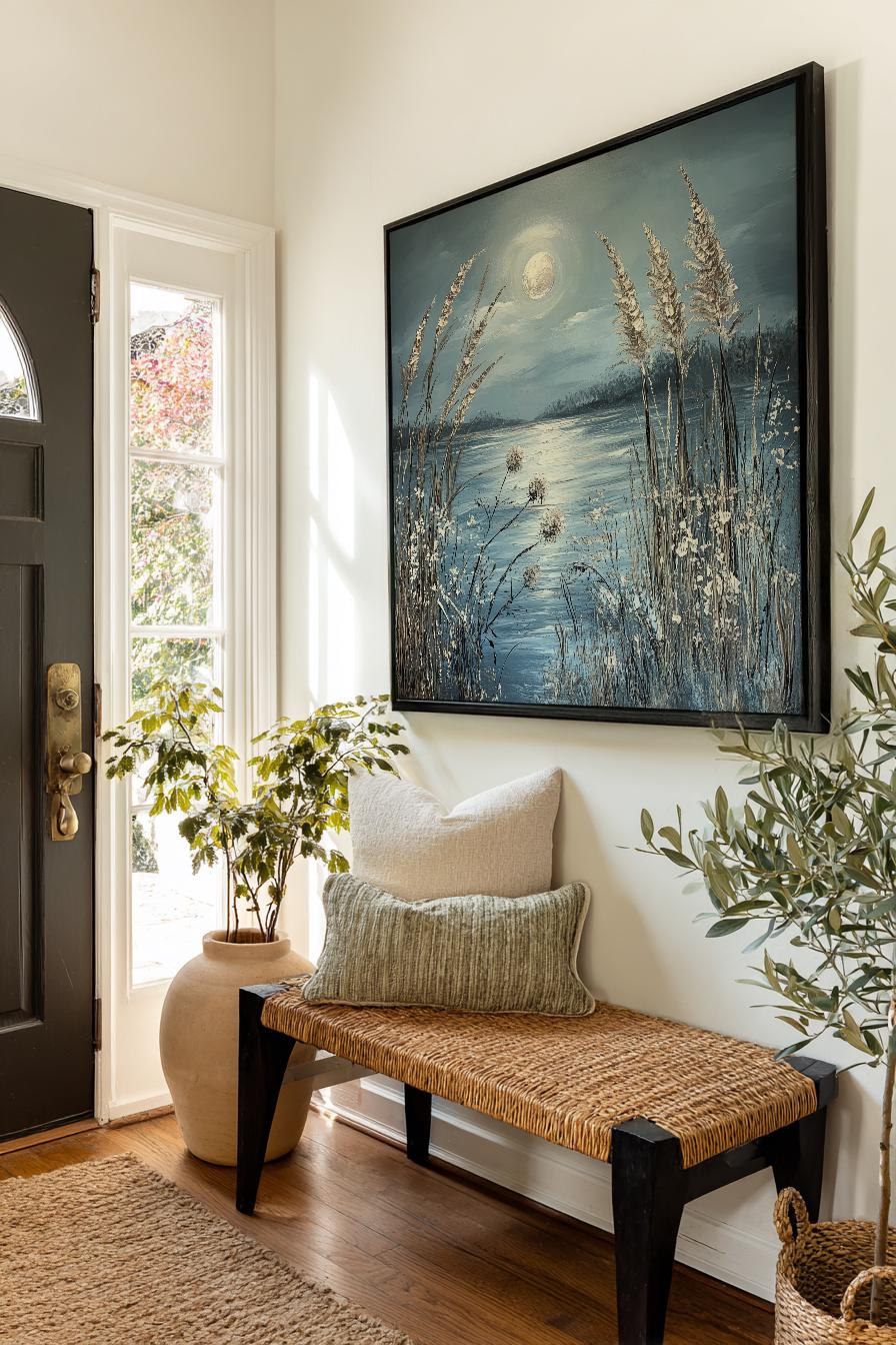 Serene Moonlit Lake Canvas Art | Impasto Textured Print | Tranquil Coastal Wall Art For Living Room Square Canvas Art