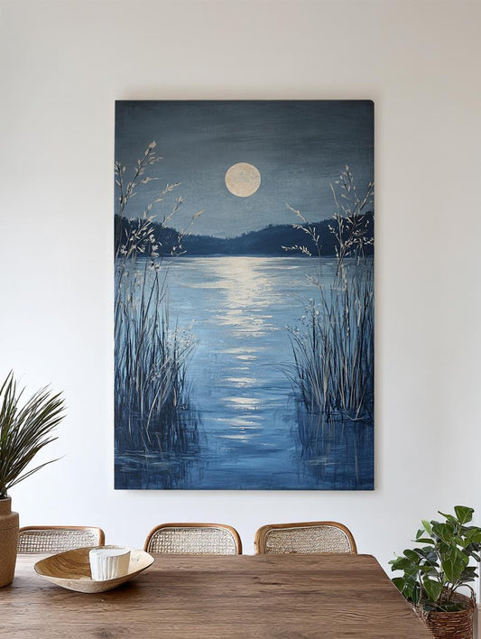Serene Moonlit Lake Canvas Art | Impasto Textured Print | Tranquil Coastal Wall Art For Bedroom | Steel Blue Silver Art Vertical Canvas