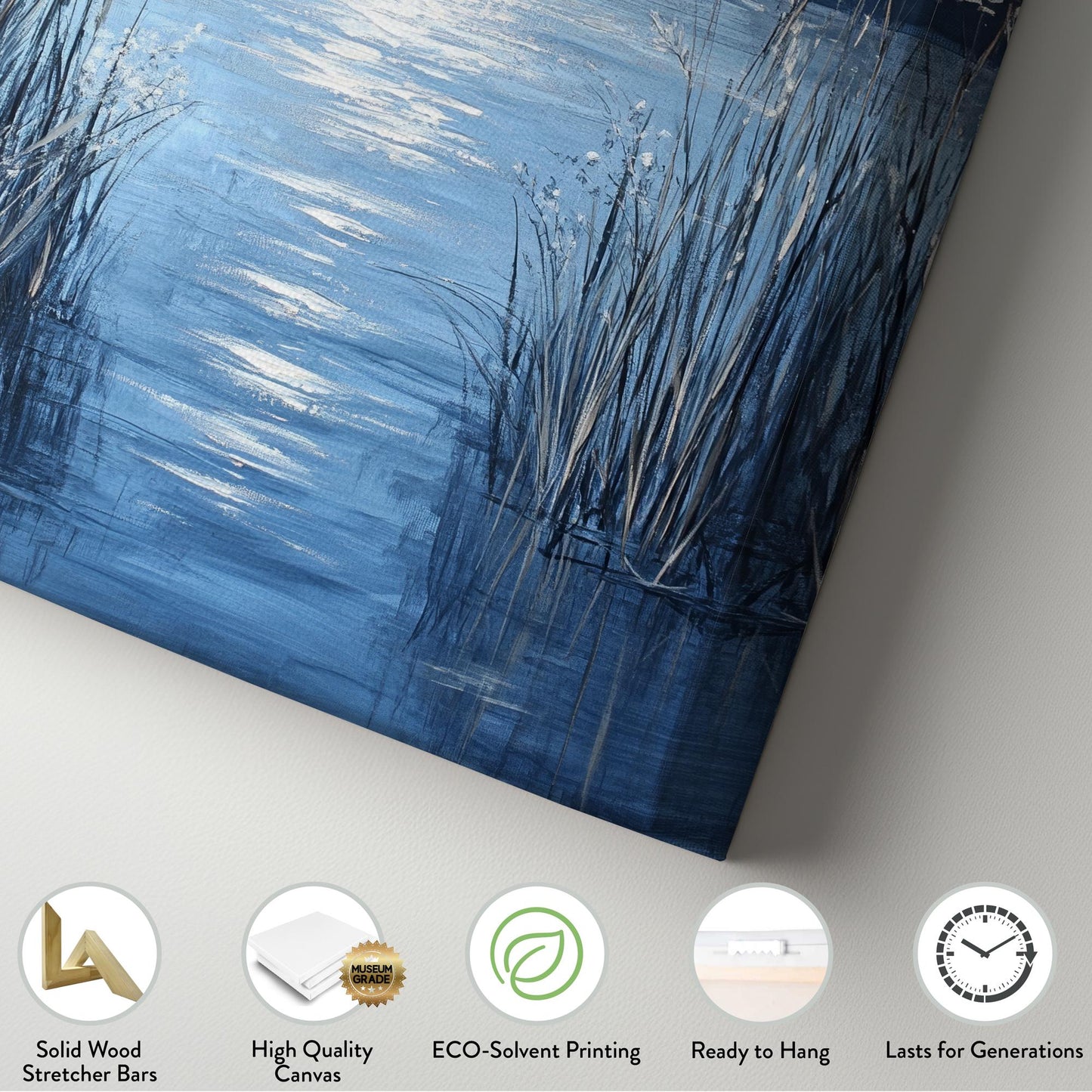 Serene Moonlit Lake Canvas Art | Impasto Textured Print | Tranquil Coastal Wall Art For Bedroom | Steel Blue Silver Art Vertical Canvas