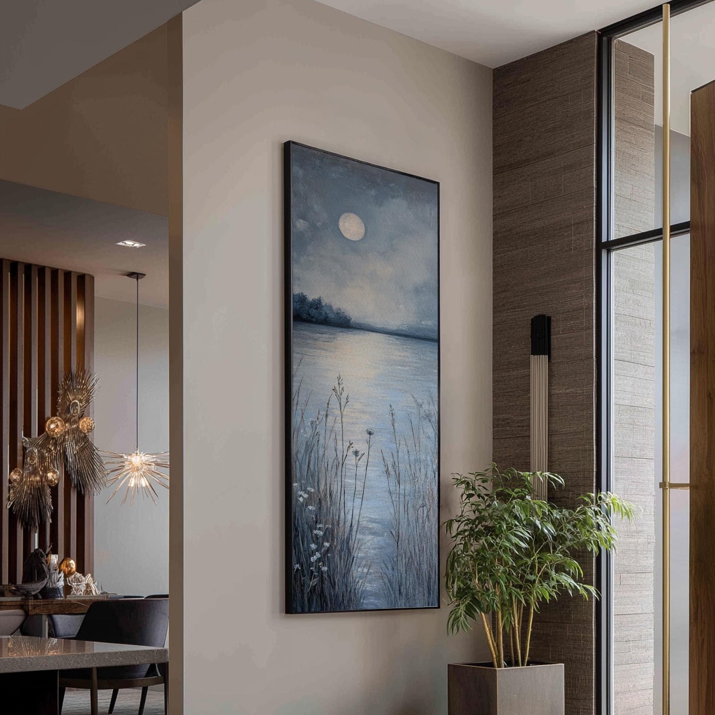 Serene Moonlit Lake Canvas Art | Impasto Textural Print | Tranquil Minimalist Wall Art For Bedroom Long Vertical Art
