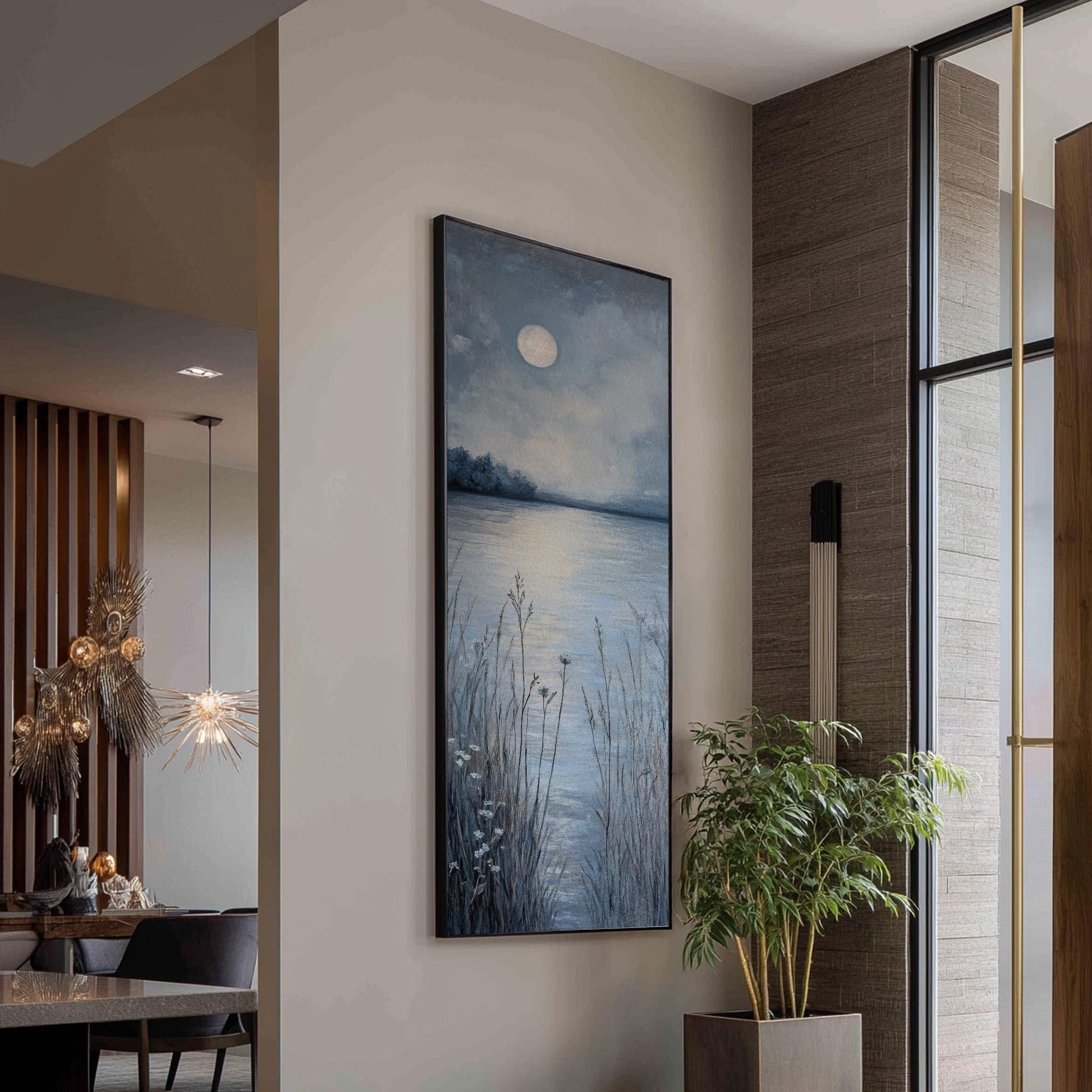 Serene Moonlit Lake Canvas Art | Impasto Textural Print | Tranquil Minimalist Wall Art For Bedroom Long Vertical Art